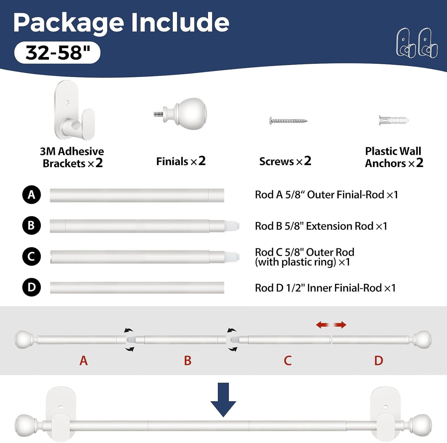 USFOOK Adjustable No Drill Curtain Rods 32-58 Inches