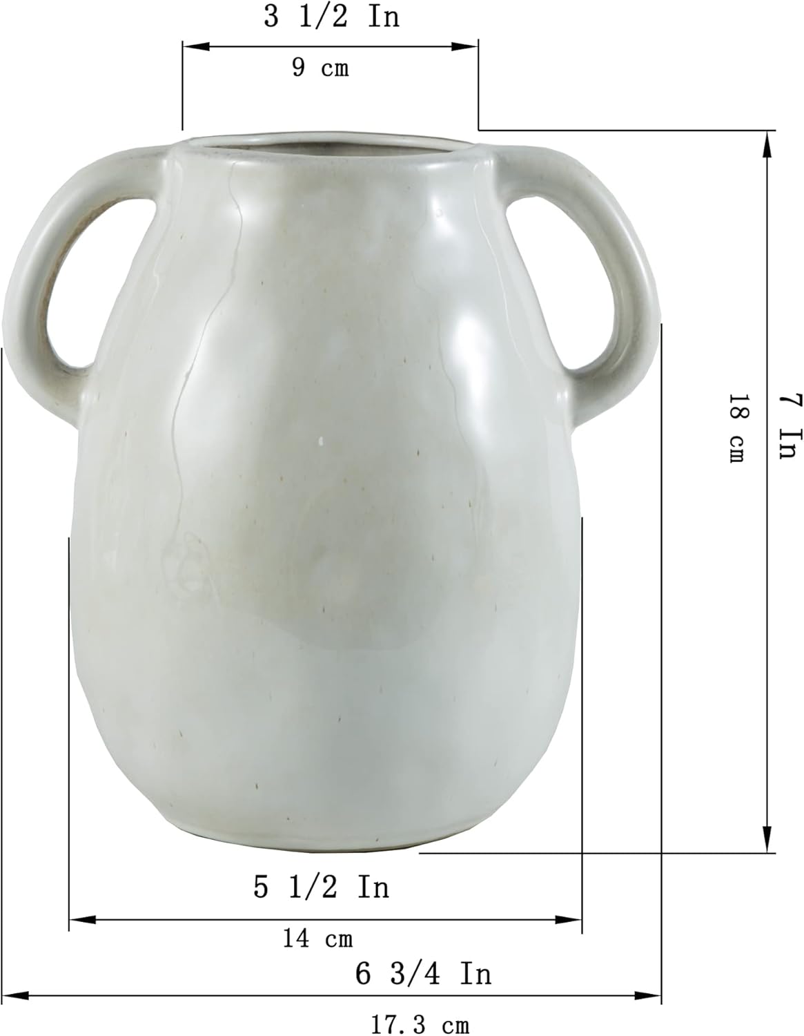 White Ceramic Vase with 2 Handles 7 Inch Tall
