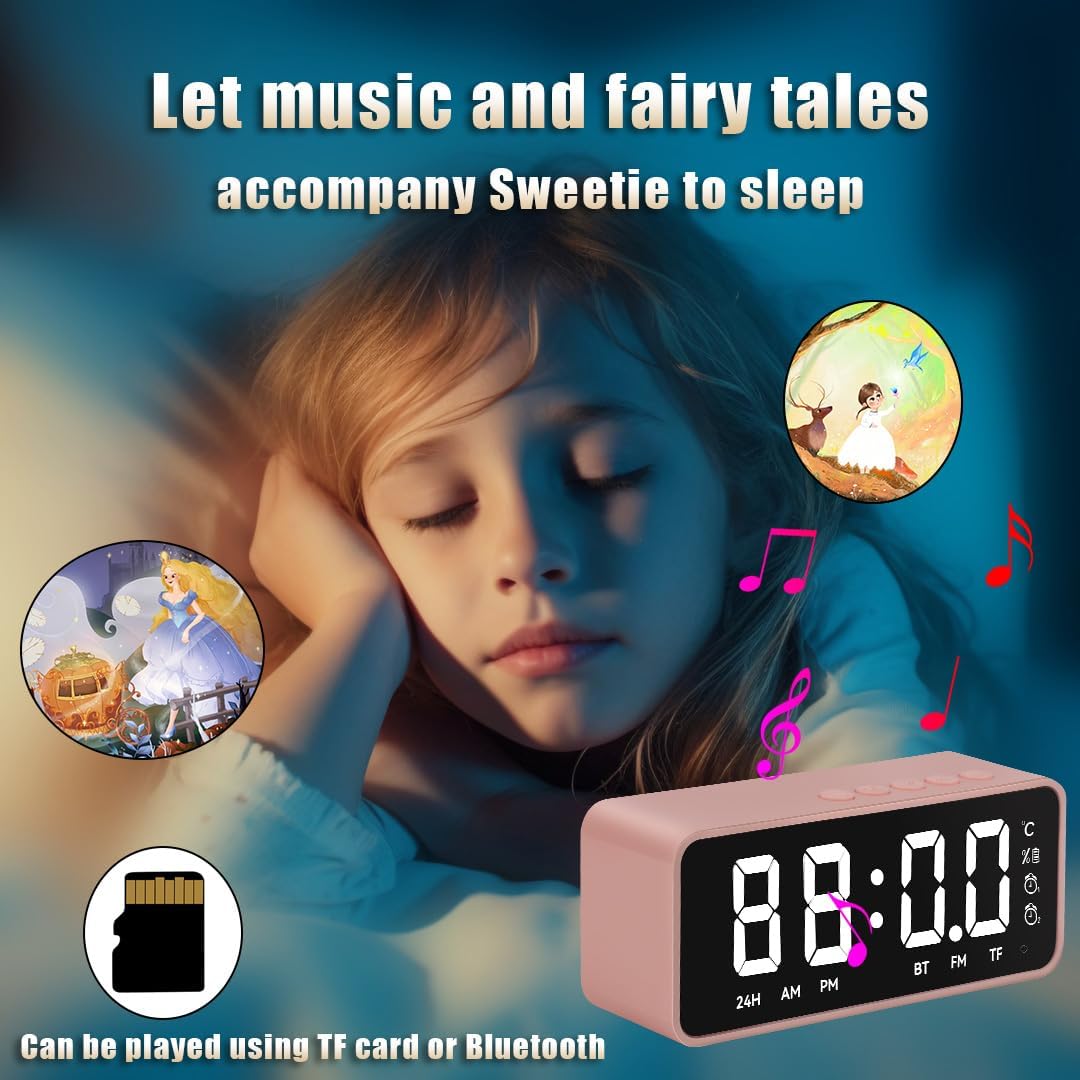 Pink Digital Alarm Clock with Music and Thermometer