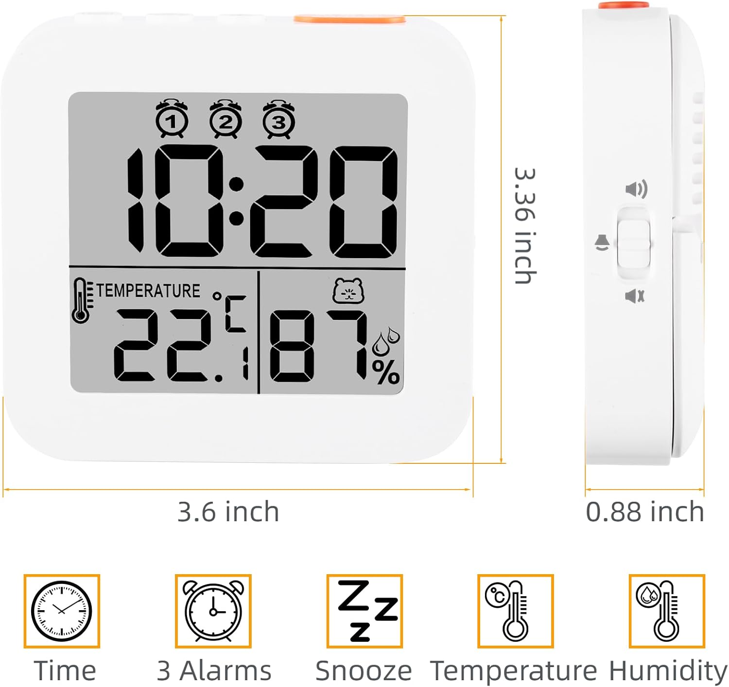 Digital Alarm Clock with 3 Bells and Temperature Display White
