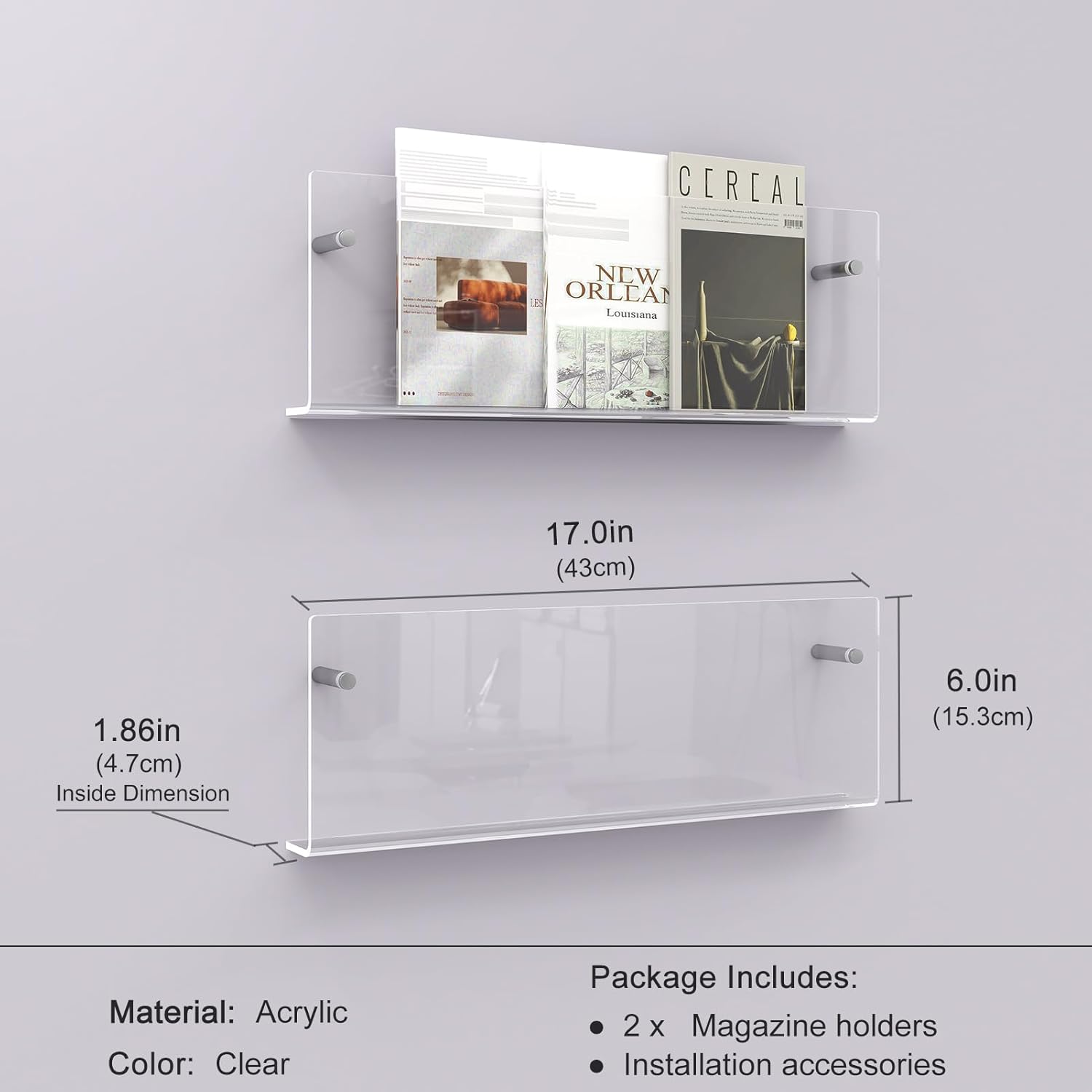 Acrylic Magazine Holder 2 Pack Clear 17 Inch Wall Mount