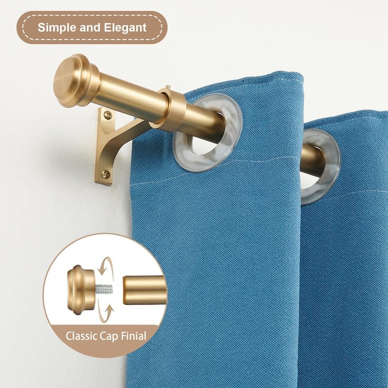 Warm Gold Curtain Rods with Aluminum End Cap Finials 72-144 Inch