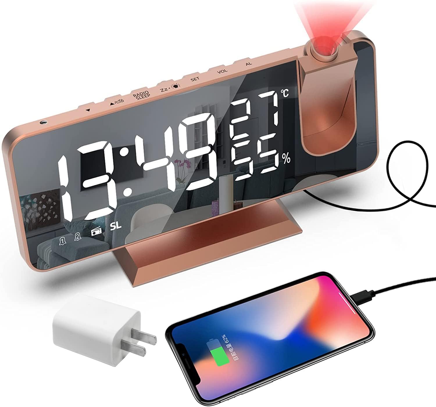 Hanaix 180 Degree Projection Alarm Clock with Mirror and USB Charging