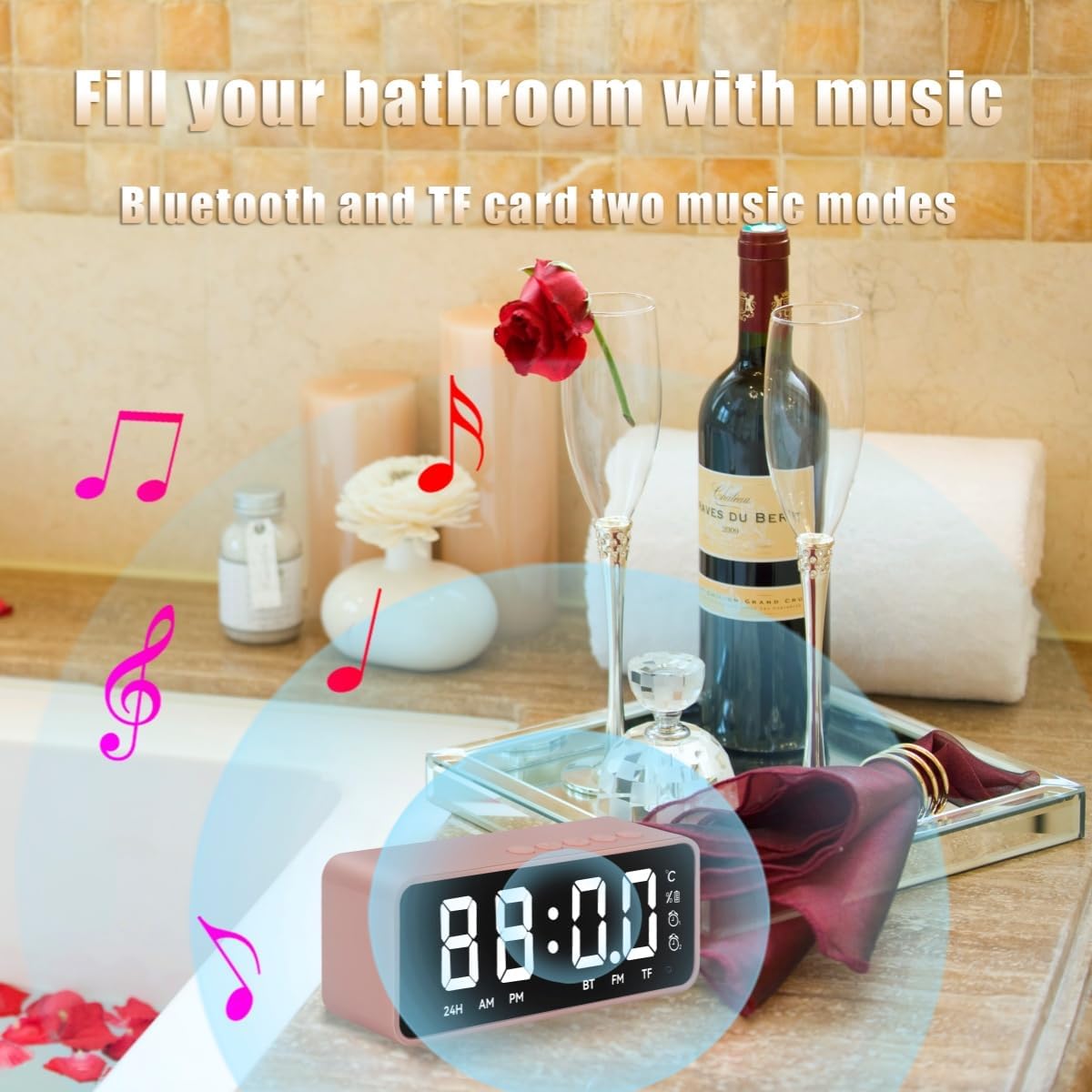 Pink Digital Alarm Clock with Music and Thermometer