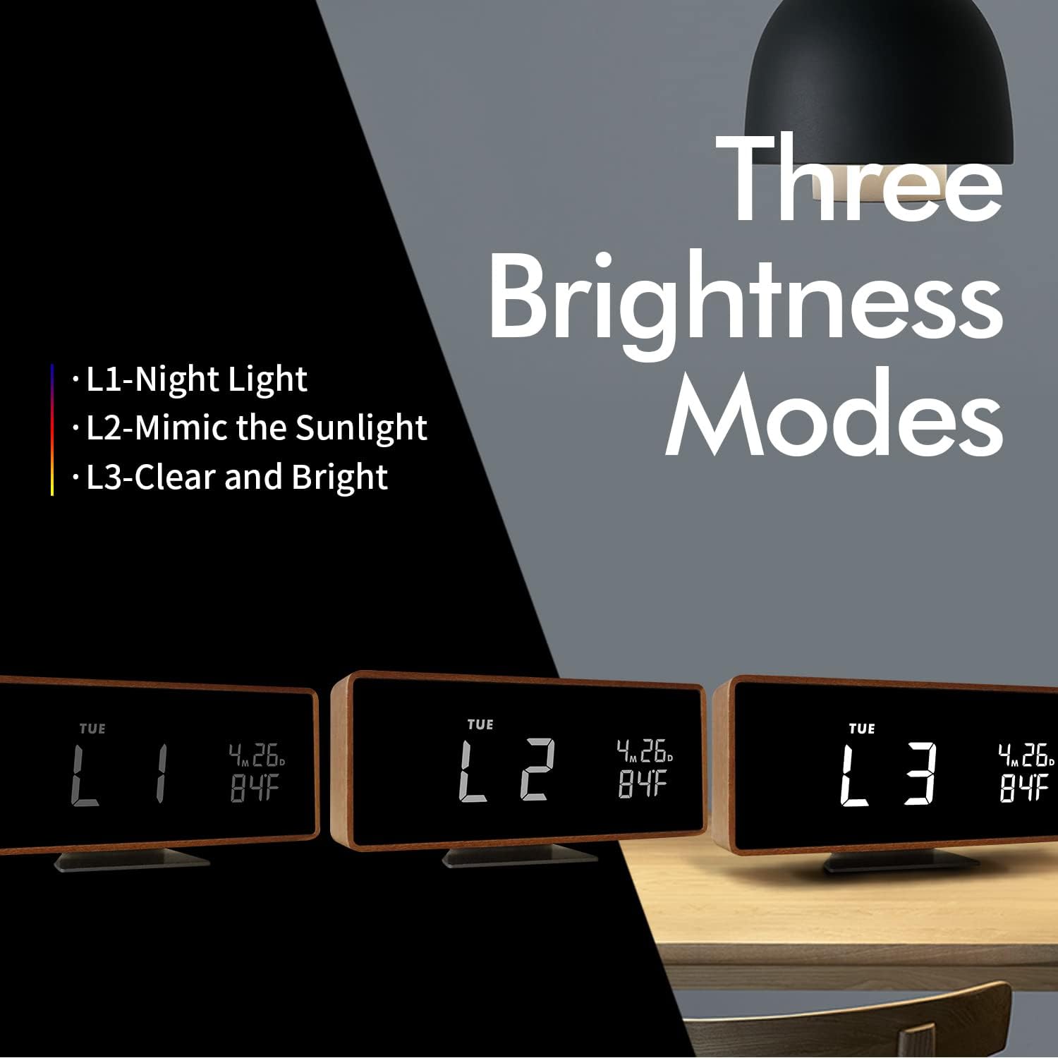 Wooden Digital Alarm Clock with Bluetooth Speaker and Night Light