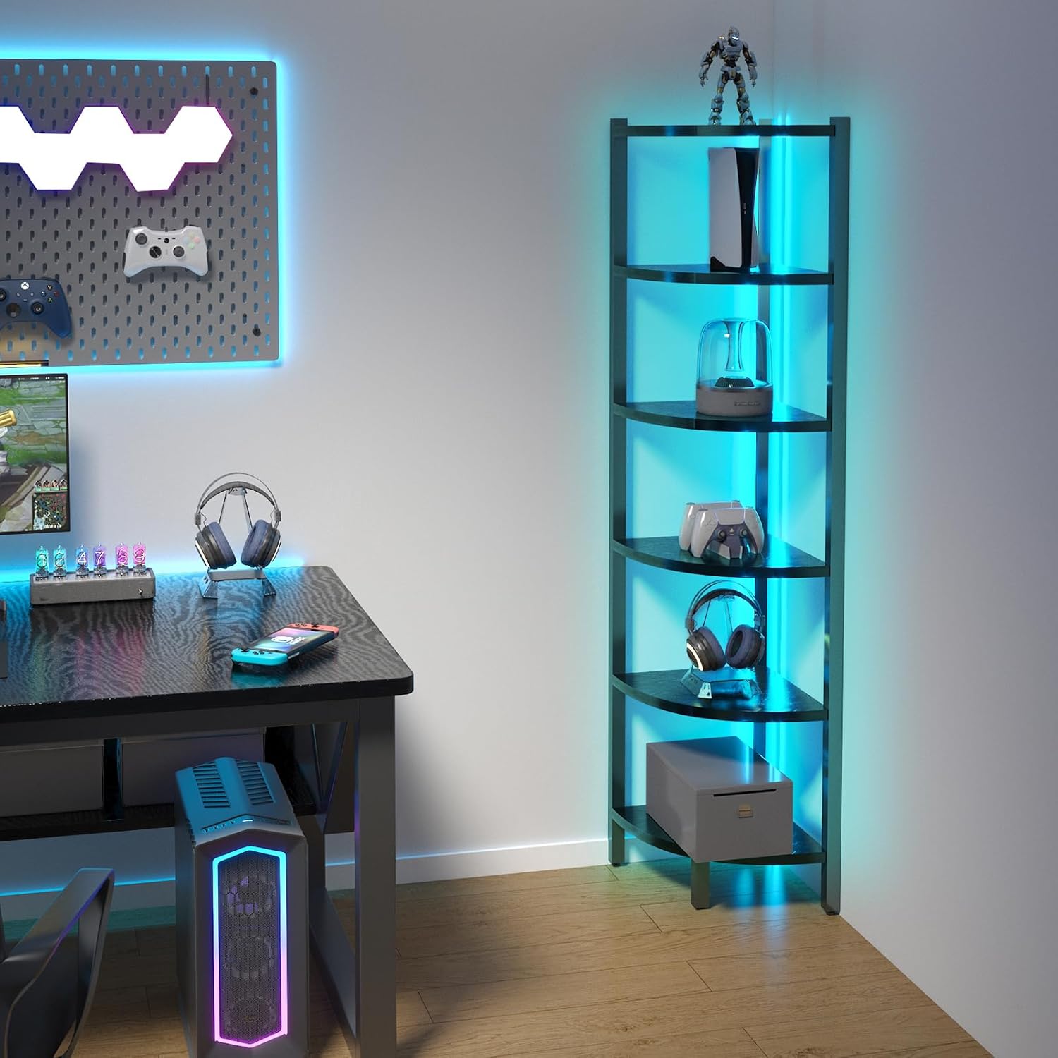 Corner Shelf with LED Lights 6-Tier Bookshelf Black