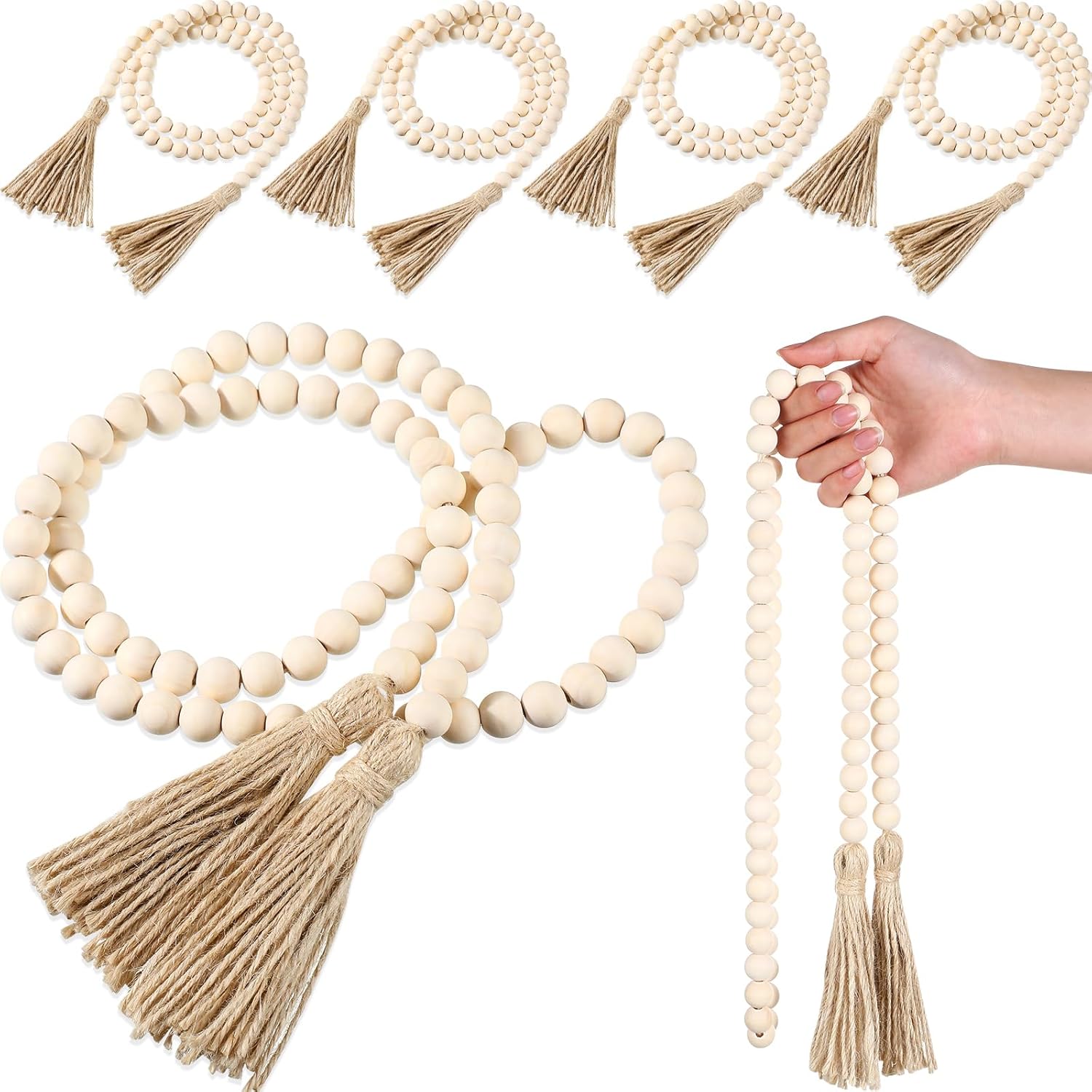 Geetery 6 Pcs 58 Inch Wood Bead Garland with Tassels