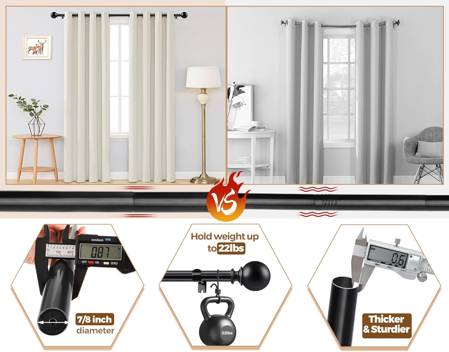 KAMANINA 2 Pack Adjustable Curtain Rods Black