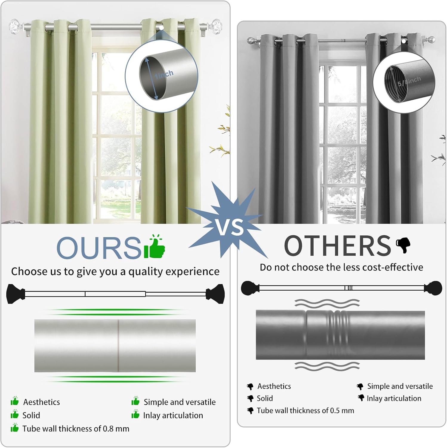 TVWOO Silver Crystal Curtain Rods 66-120 Inch Adjustable