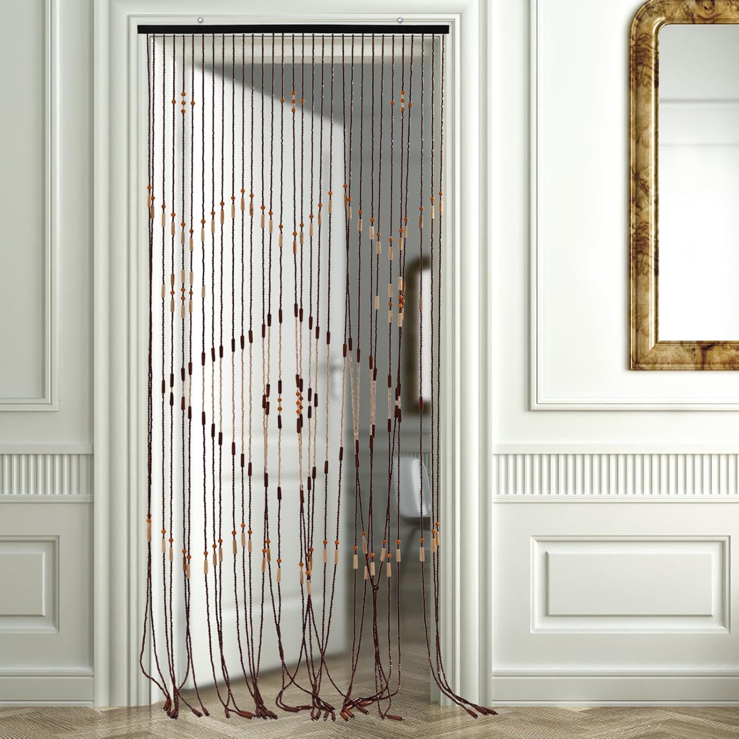 Beaded Curtain Door String with Bamboo and Wood Chocolate 355x82in