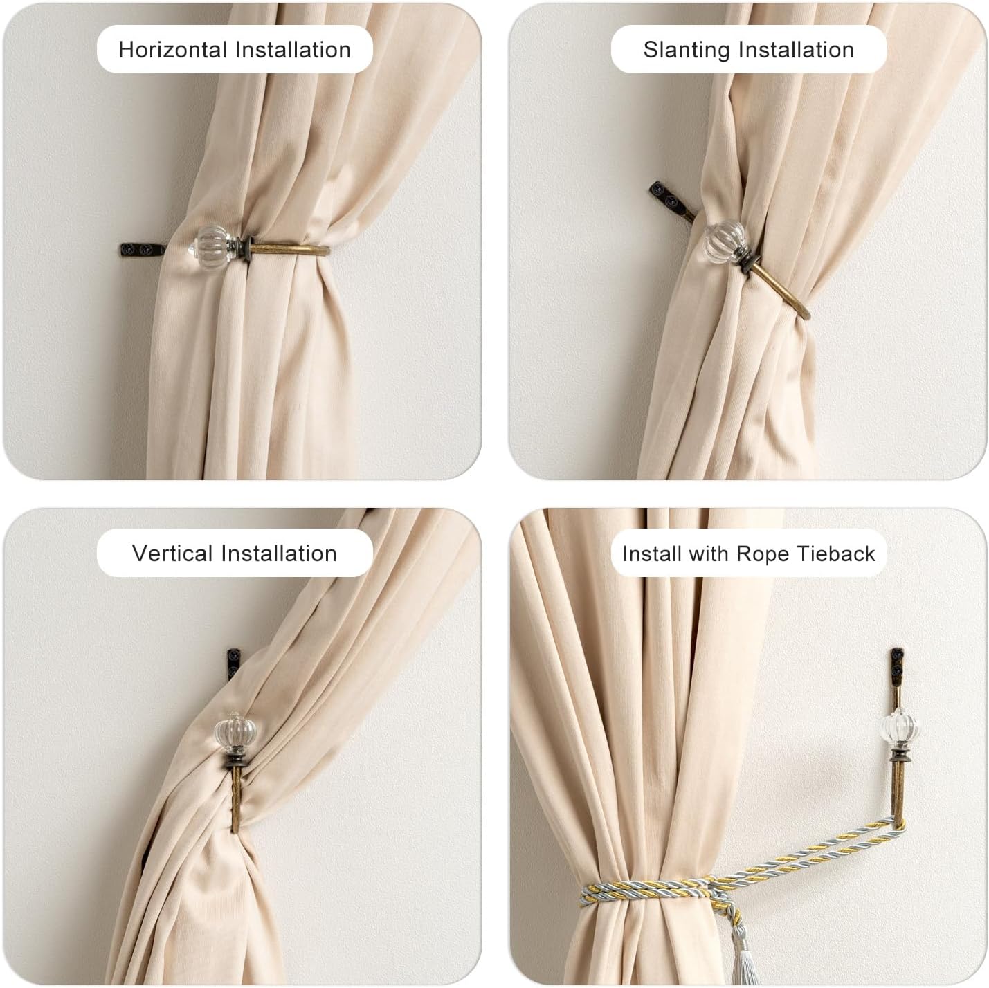 Crystal Curtain Holdbacks - 2 Pack Antique Brass Metal Hooks