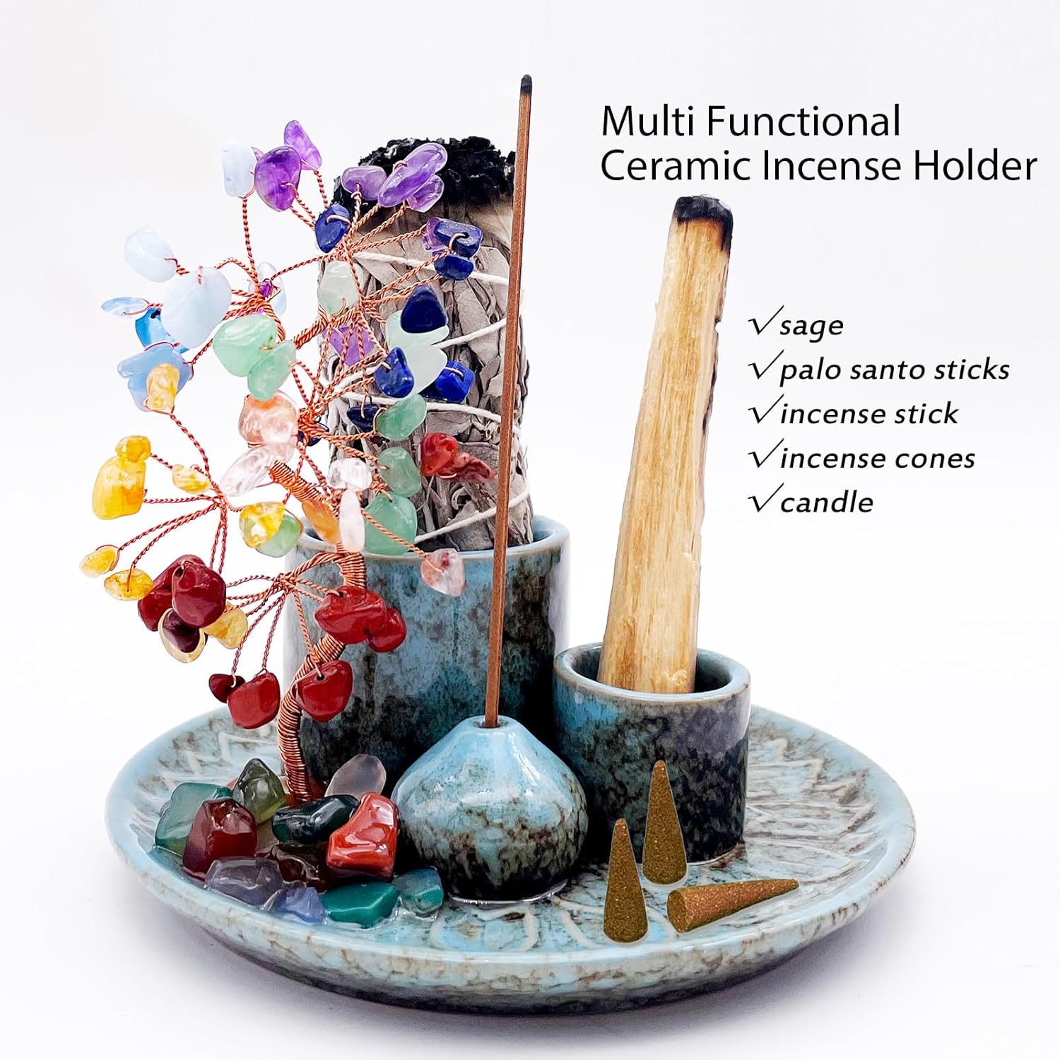 5 in 1 Incense Burner Holder with Crystal Healing Tree