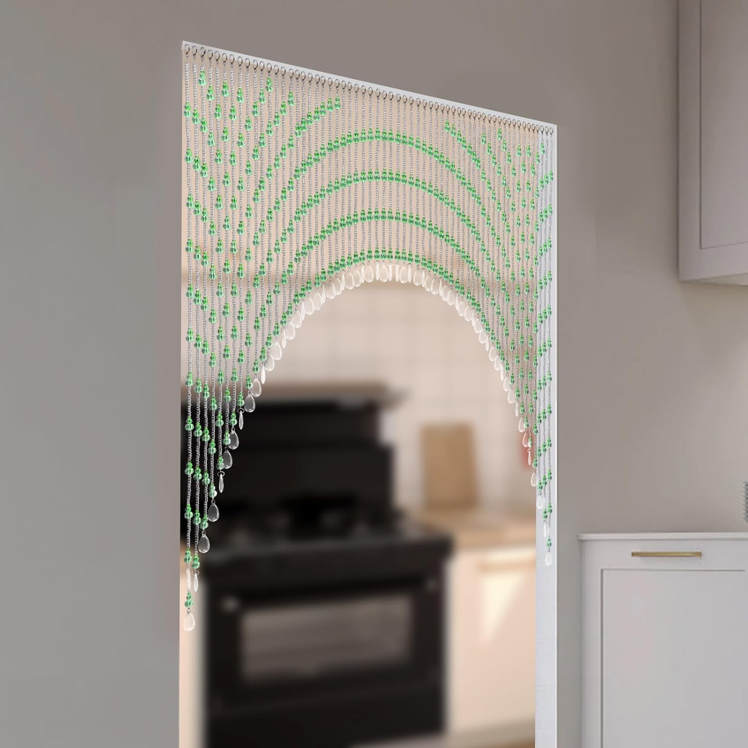 60 String Beaded Curtain with Clear and Green Glass Beads