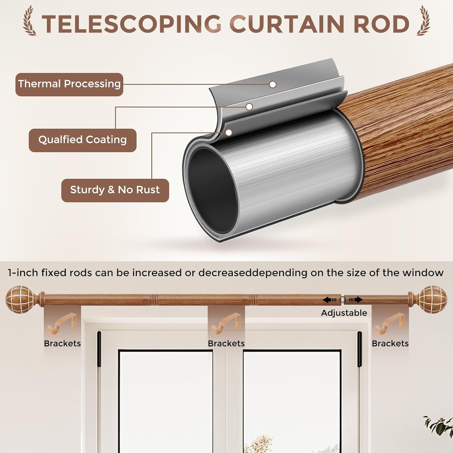 JRZOO Imitation Wood Grain Curtain Rods 30-88 Inches