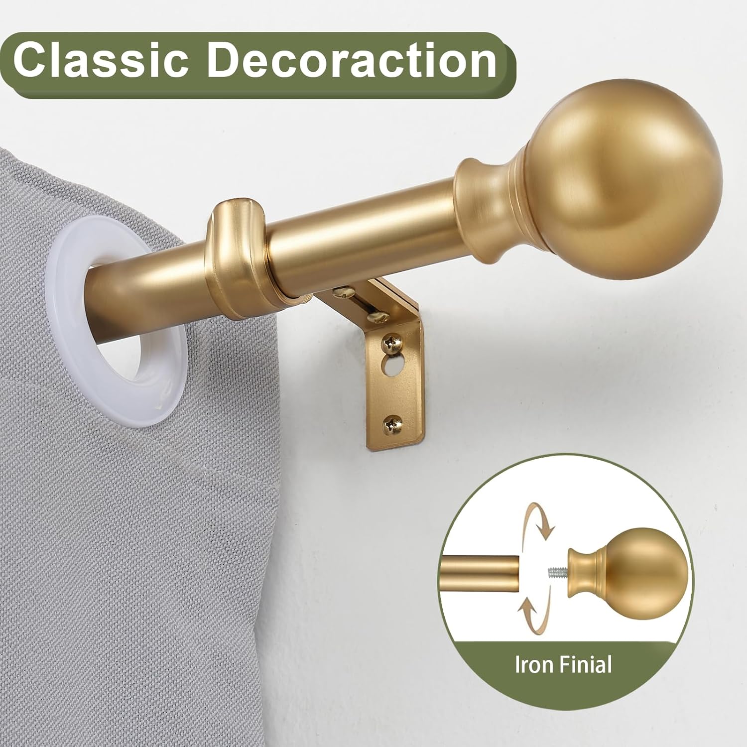 Vimayta 1 Inch Diameter Adjustable Curtain Rod 72-144 Inches Brushed Gold