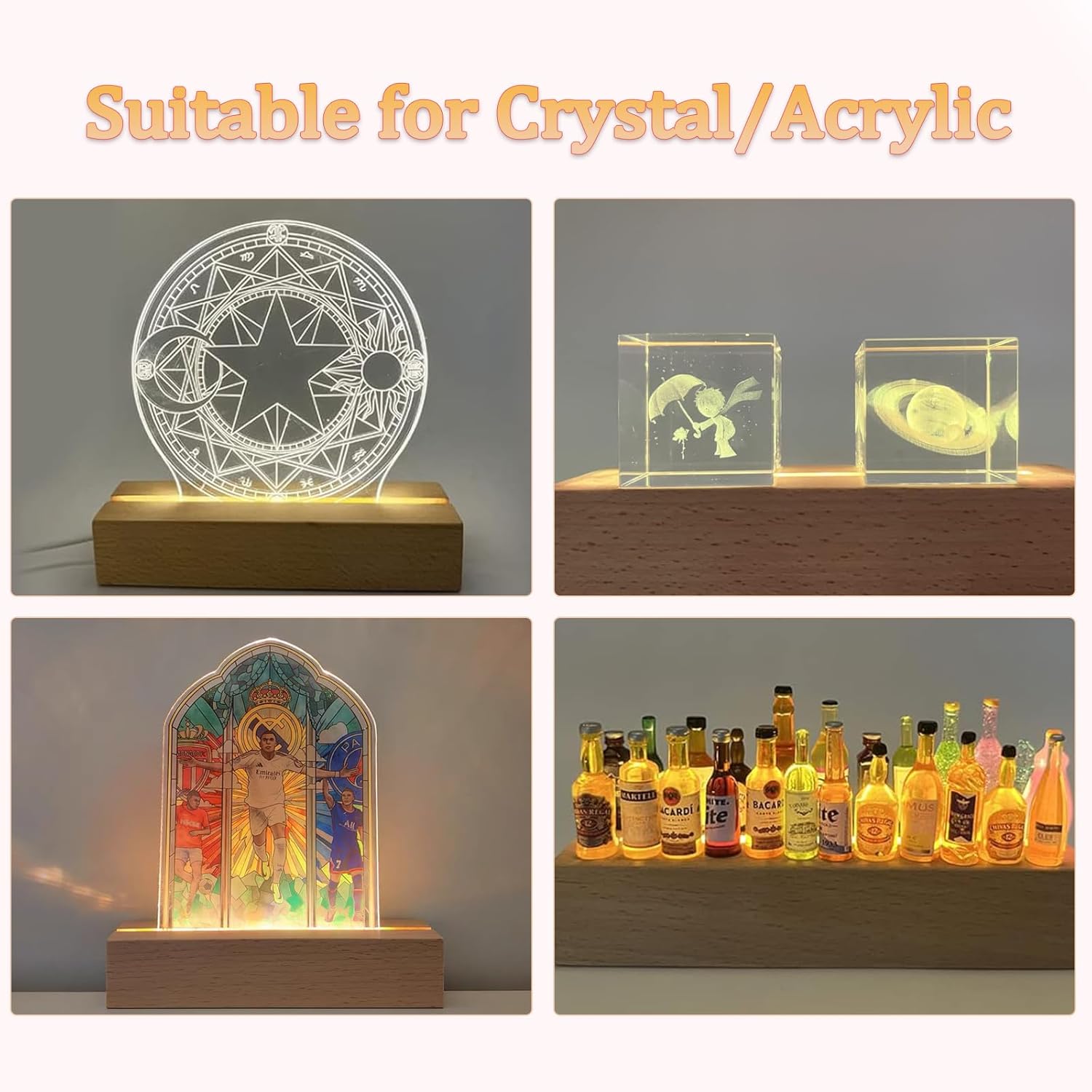 2 Pcs 6 Inch Wooden LED Display Pedestal with USB Switch
