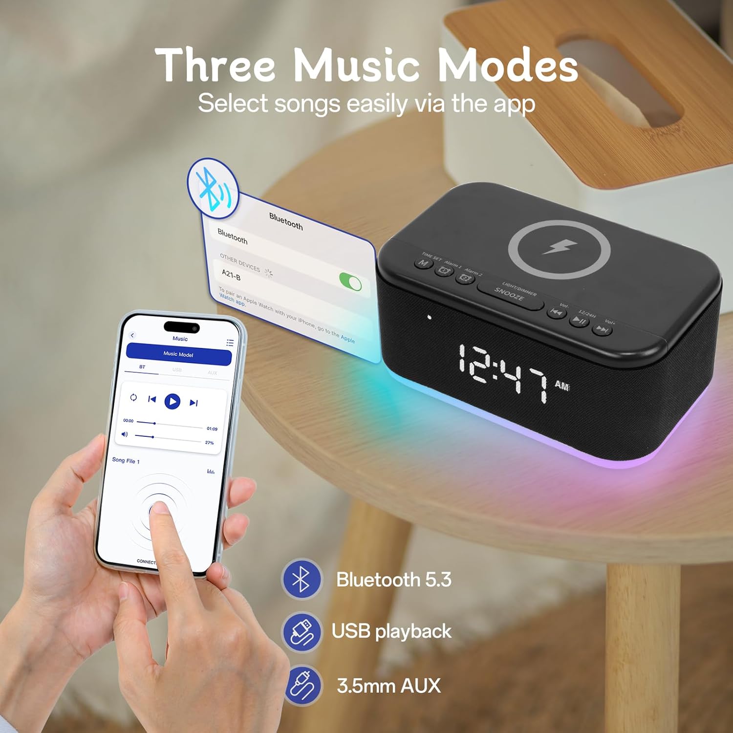 Fansbe Smart Bluetooth Alarm Clock with Night Light and FM Radio
