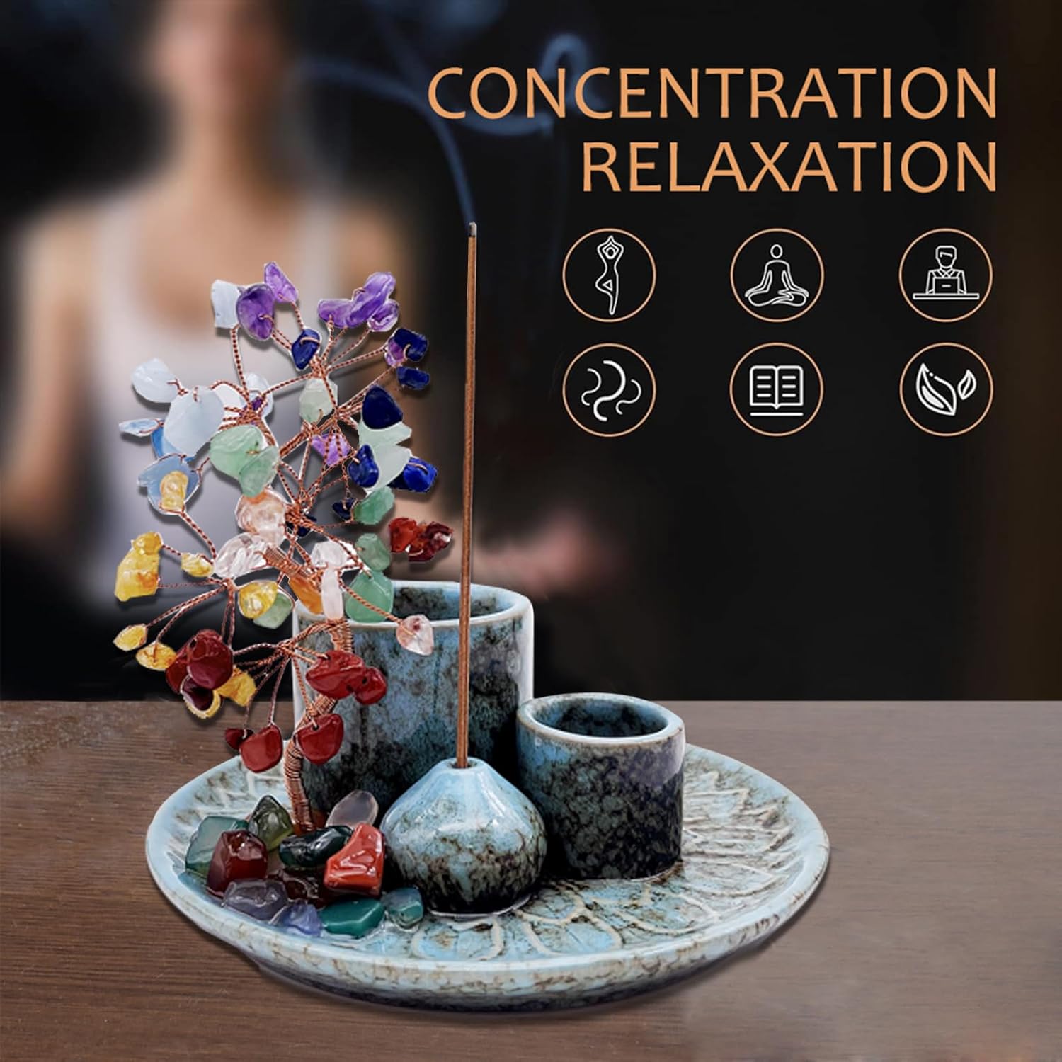 5 in 1 Incense Burner Holder with Crystal Healing Tree