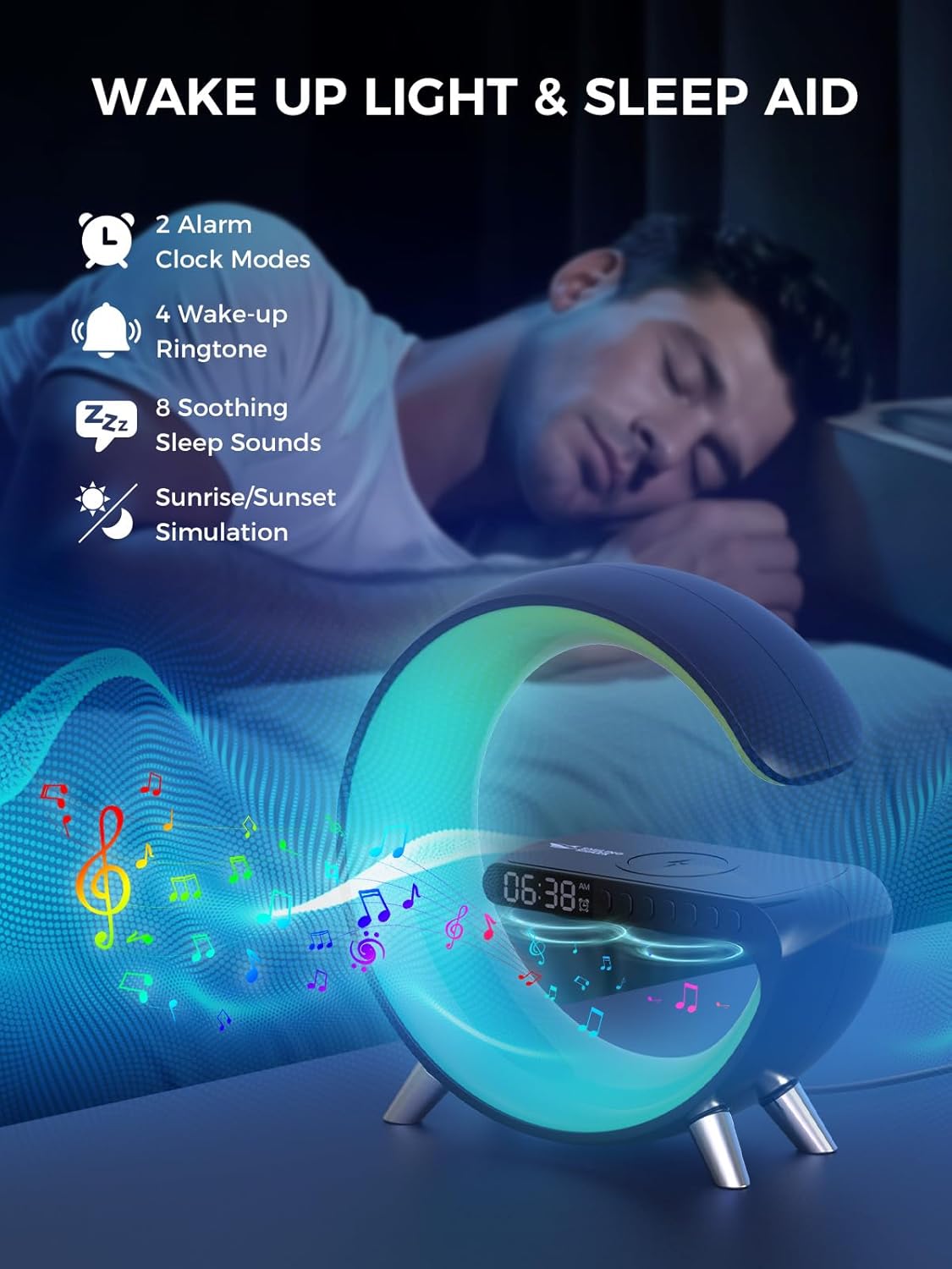 Smiling Shark Smart Wake Up Light with Bluetooth Speaker and Wireless Charger