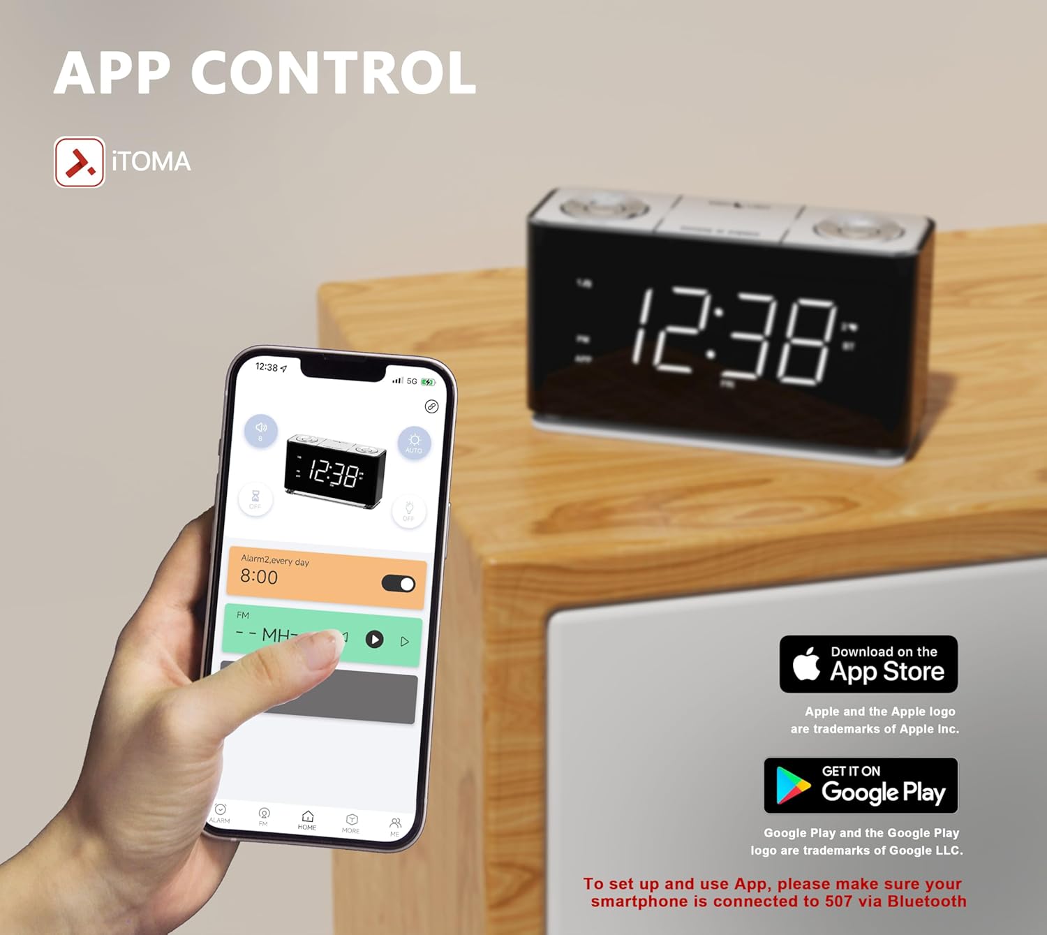 iTOMA Bluetooth Clock Radio with Dual Alarm and USB Charging