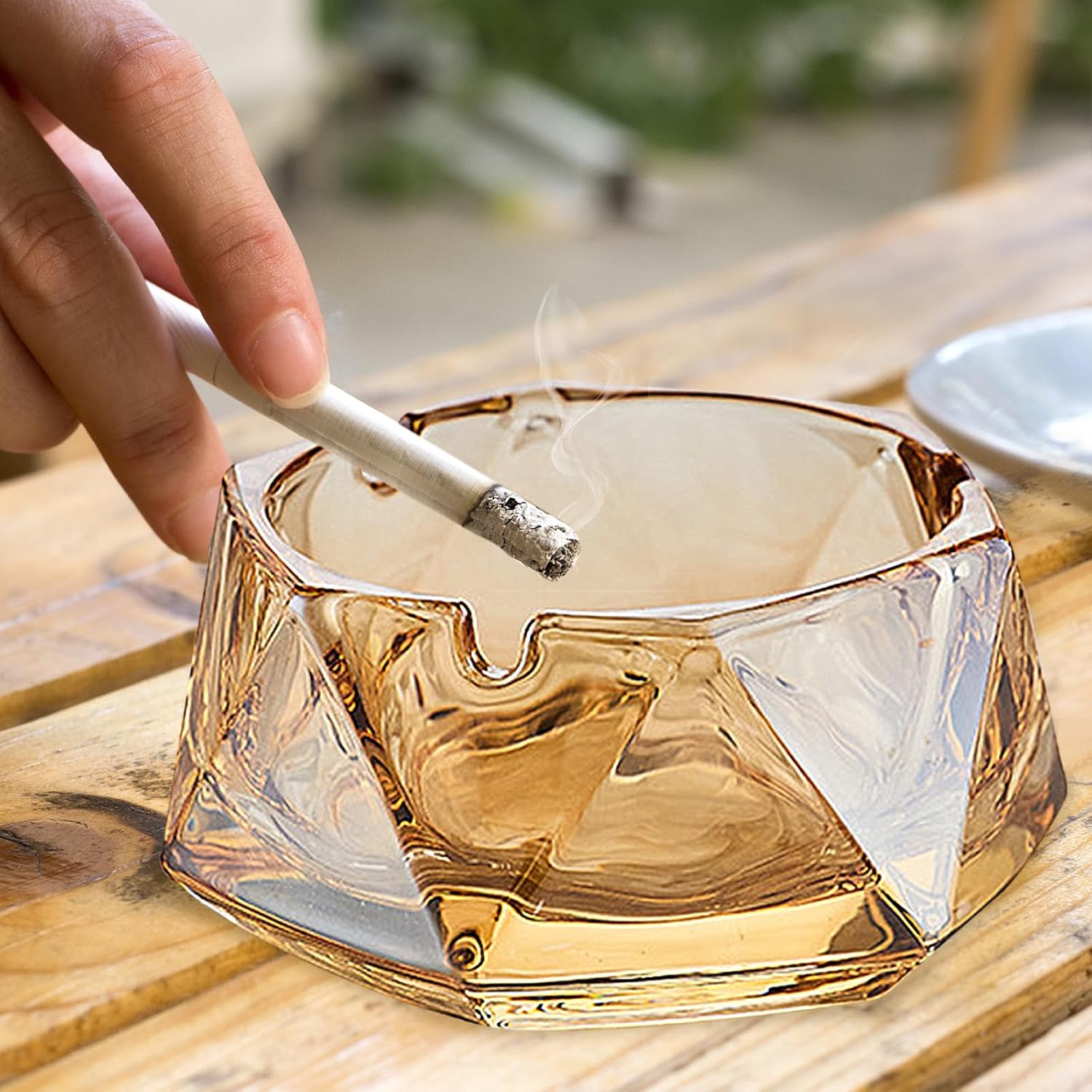Crystal Amber Glass Ashtray with Hexagonal Shape