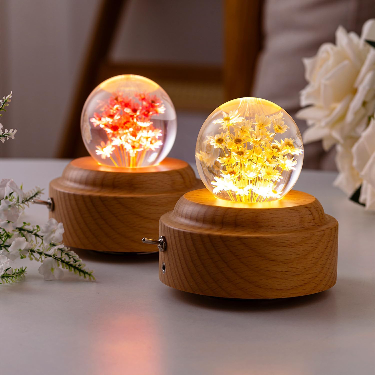 1 Piece 6cm Yellow Glass Little Daisy Ball Night Light Music Box