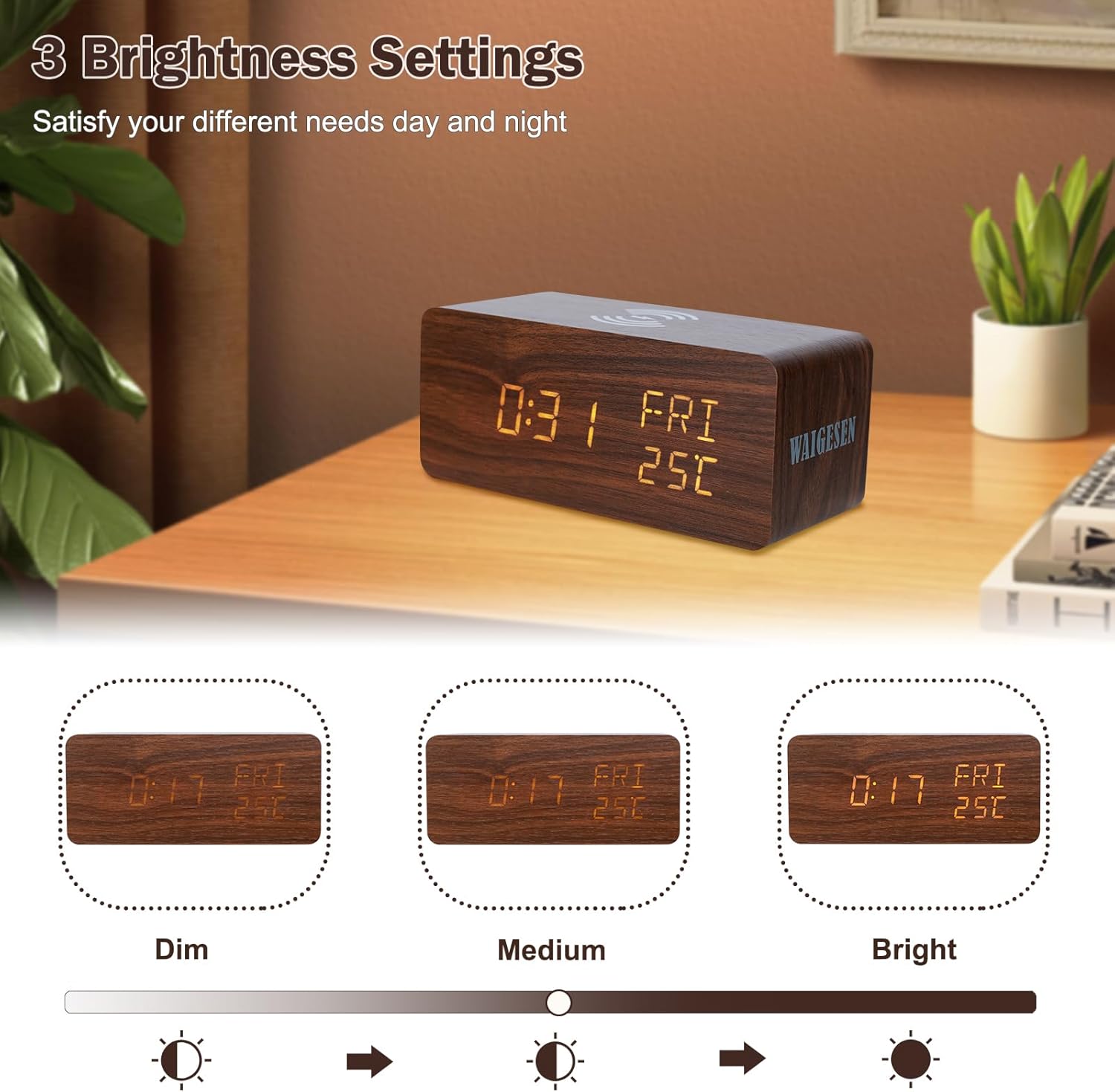 Digital Wooden Alarm Clock with 10W Wireless Charging and Three Levels Brightness