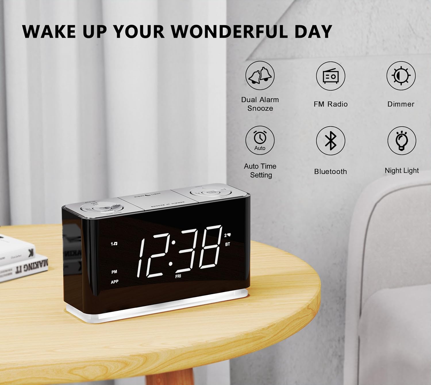 iTOMA Bluetooth Clock Radio with Dual Alarm and USB Charging