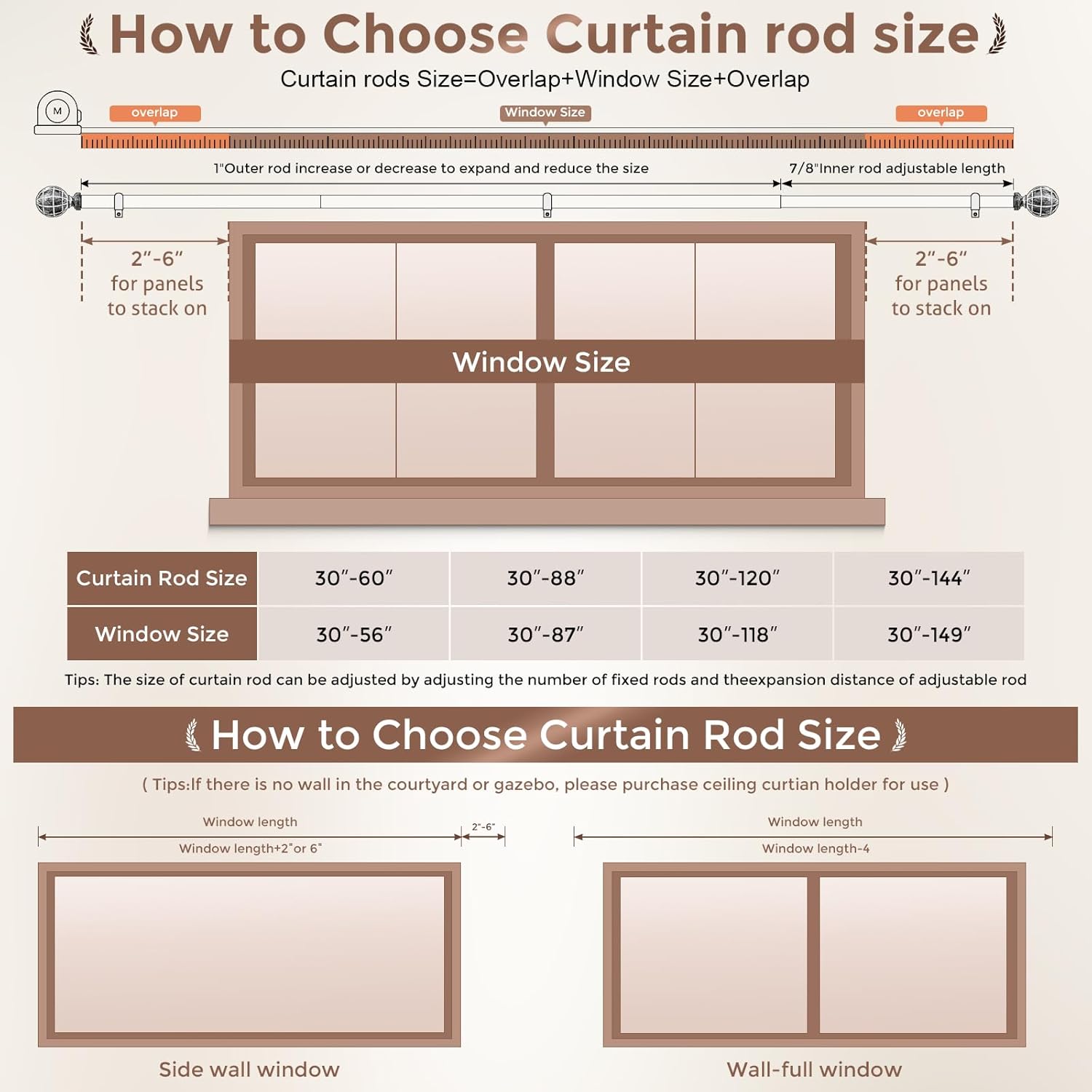 JRZOO Imitation Wood Grain Curtain Rods 30-88 Inches