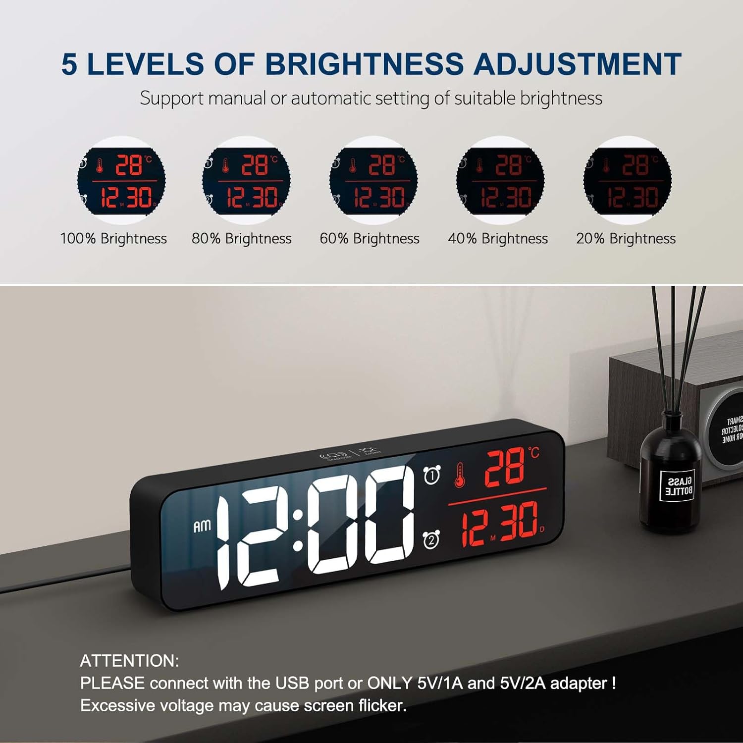 Large Digital Wall Clock with Alarm and Temperature Display