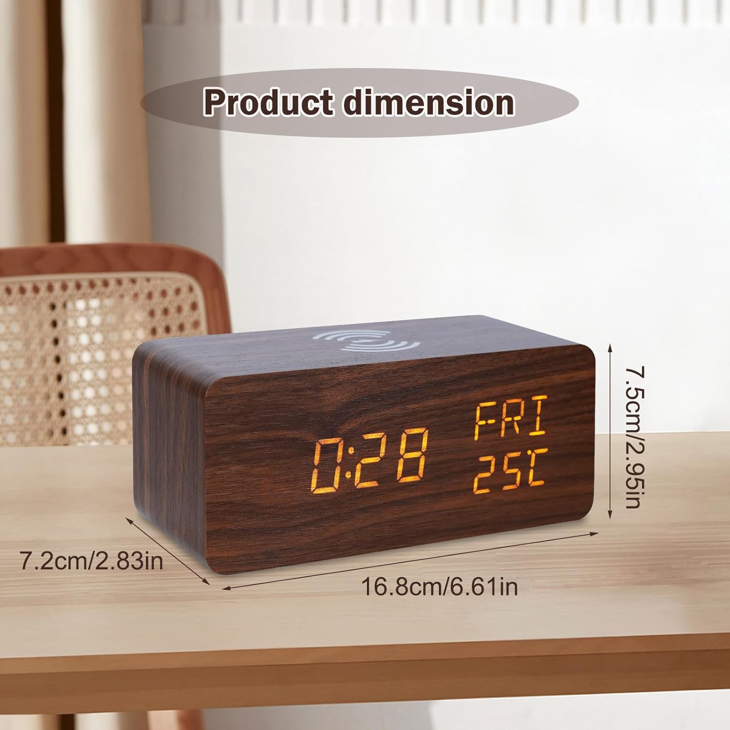 Digital Wooden Alarm Clock with 10W Wireless Charging and Three Levels Brightness