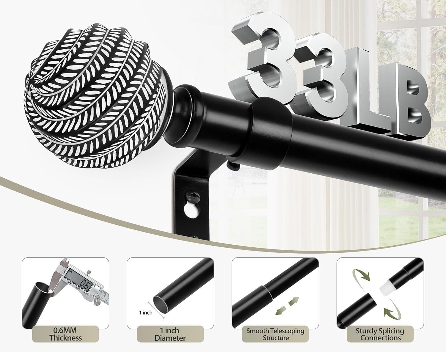 Boho Wood Curtain Rods 32-120 Inches Black