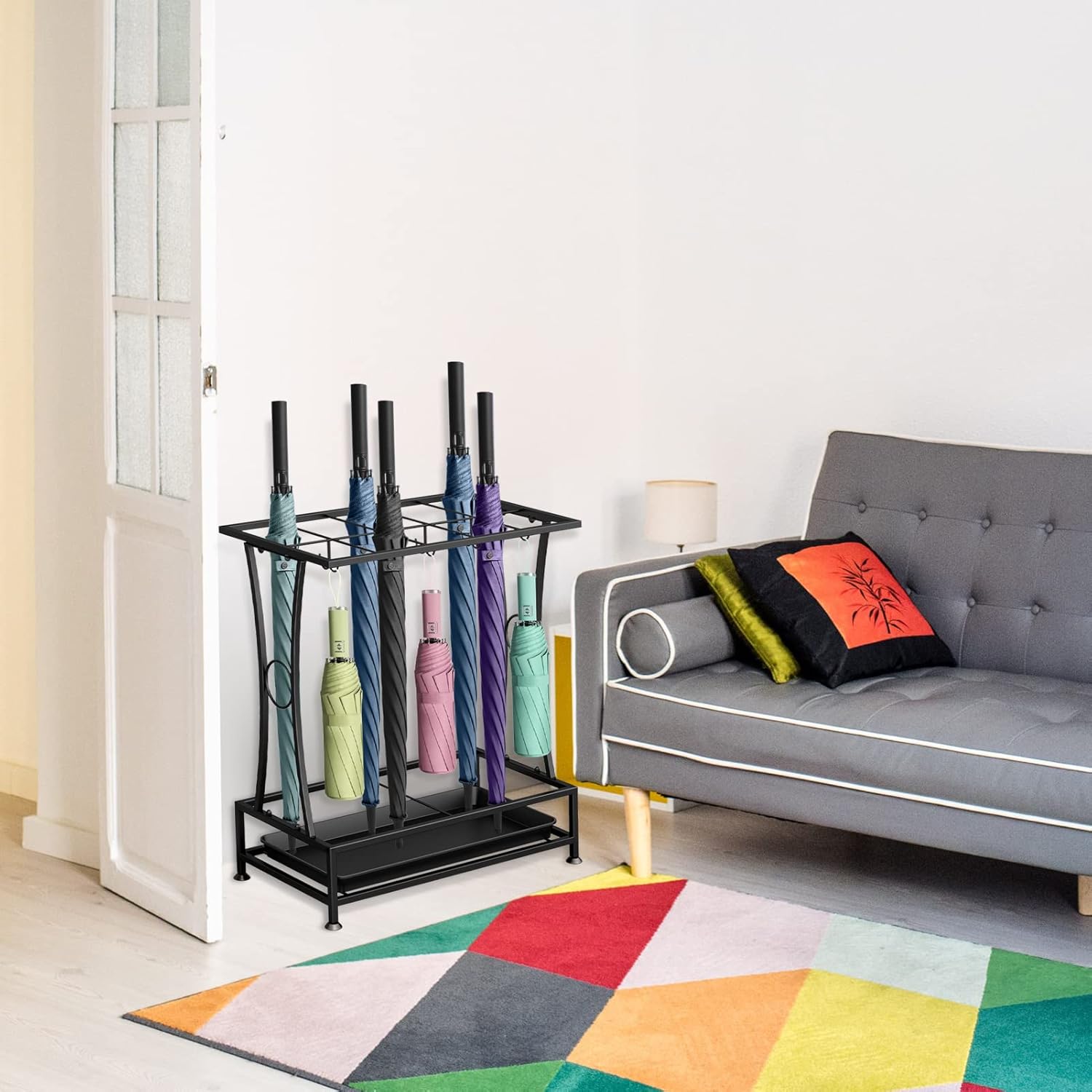 Metal Umbrella Holder Stand with Drip Tray and 8 Hooks Black