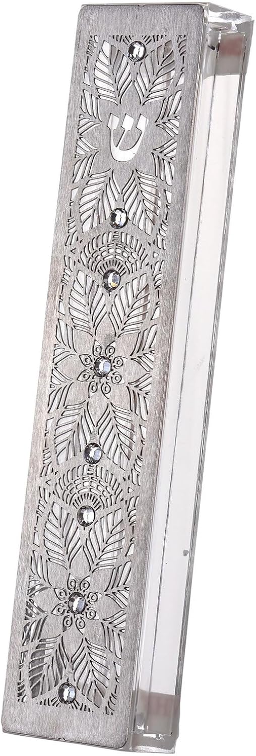 Large Acrylic and Steel Mezuzah Case with Leaves and Flowers