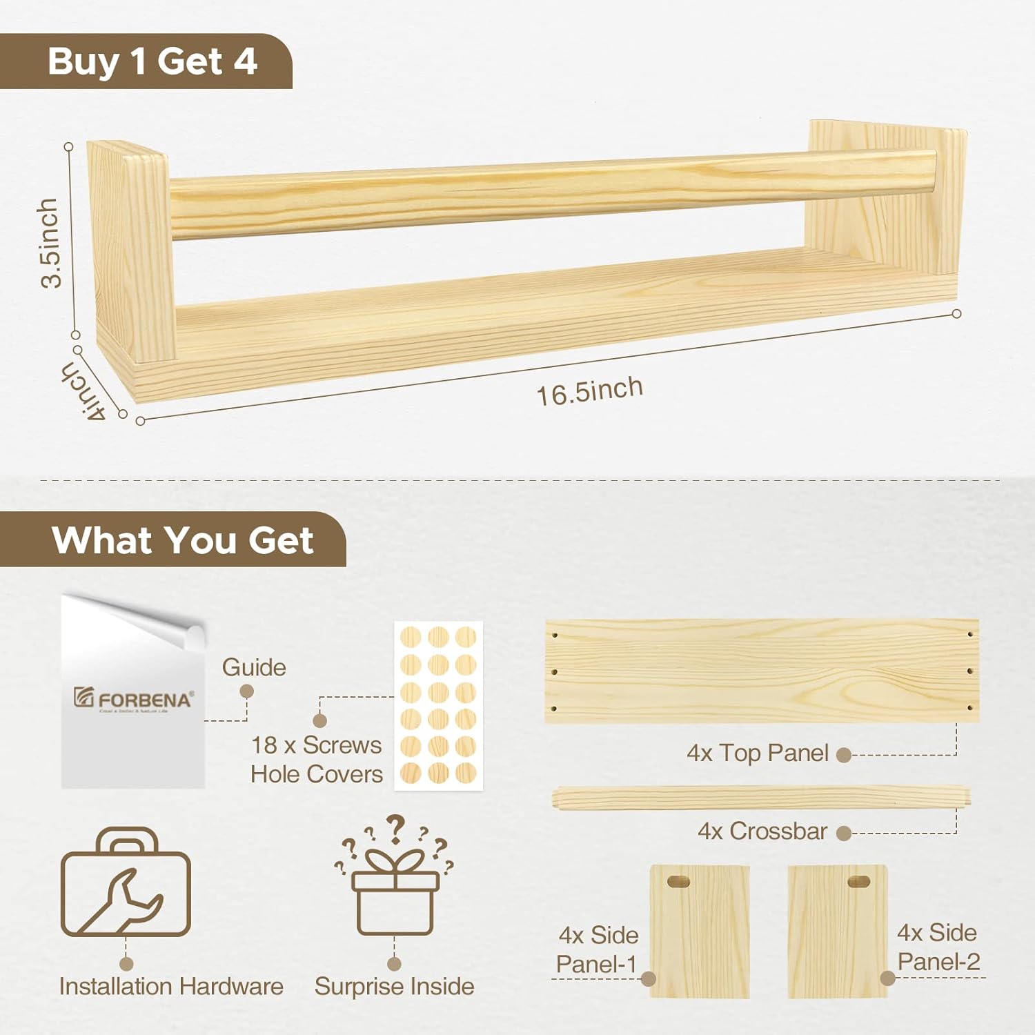 Forbena Natural Wood Floating Bookshelf 4 Pack