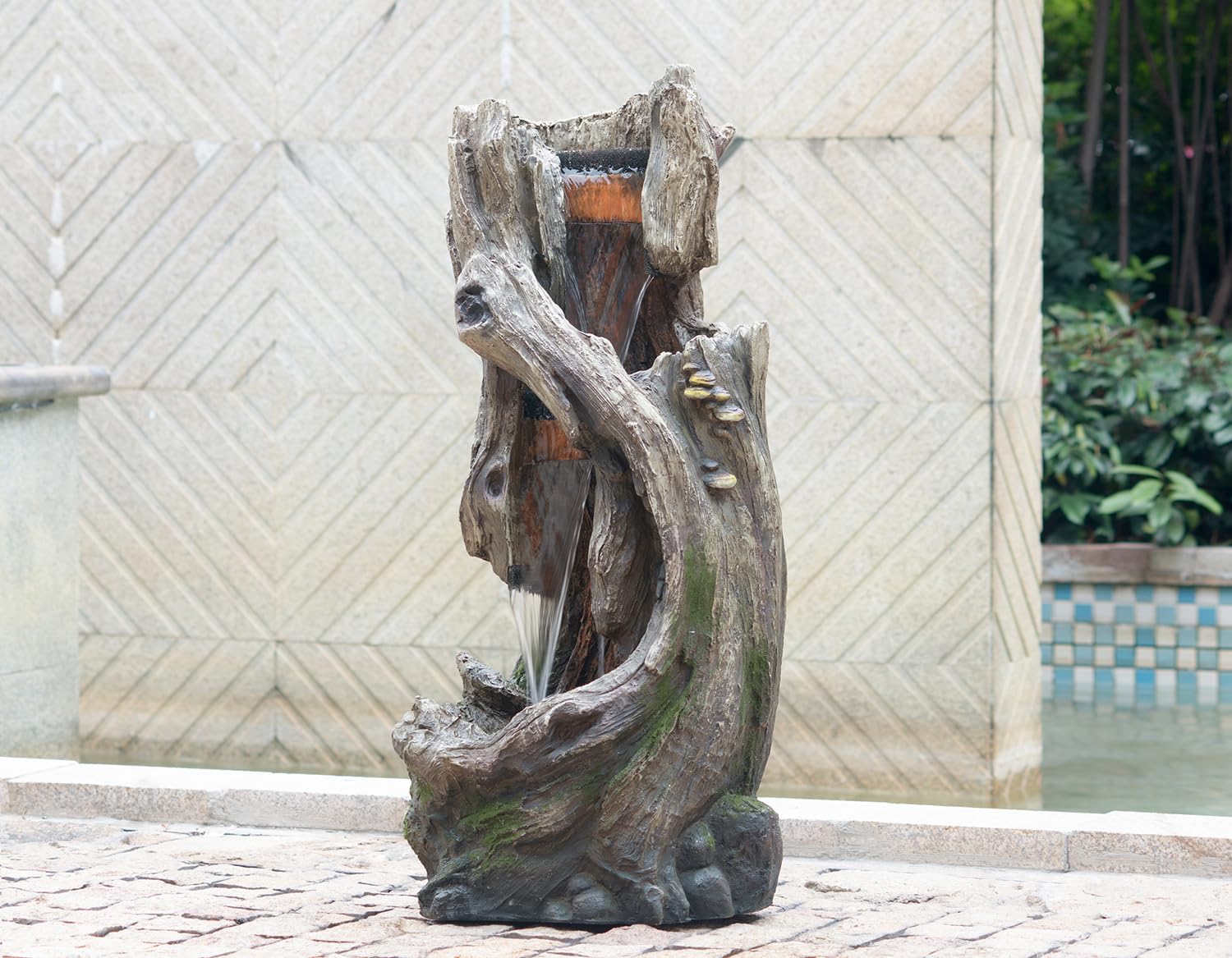 Rustic Tree Trunk Fountain with Light Grey