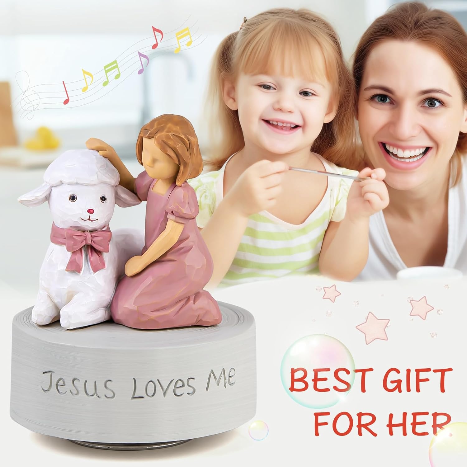 Jesus Loves Me Music Box Christian Girl with Lamb Figurine