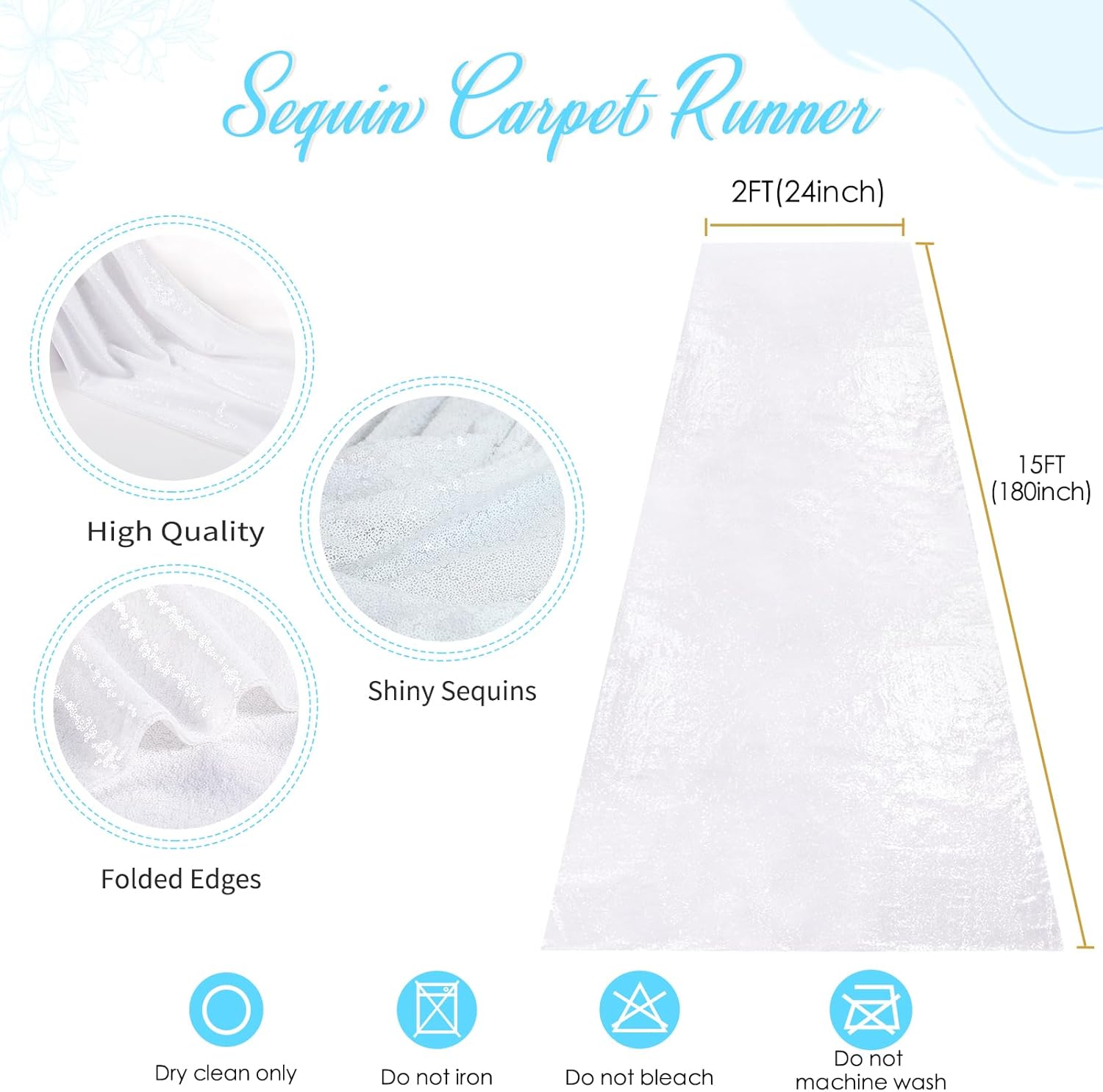 White Sequin Aisle Runner 2x15ft Wedding Carpet for Ceremony