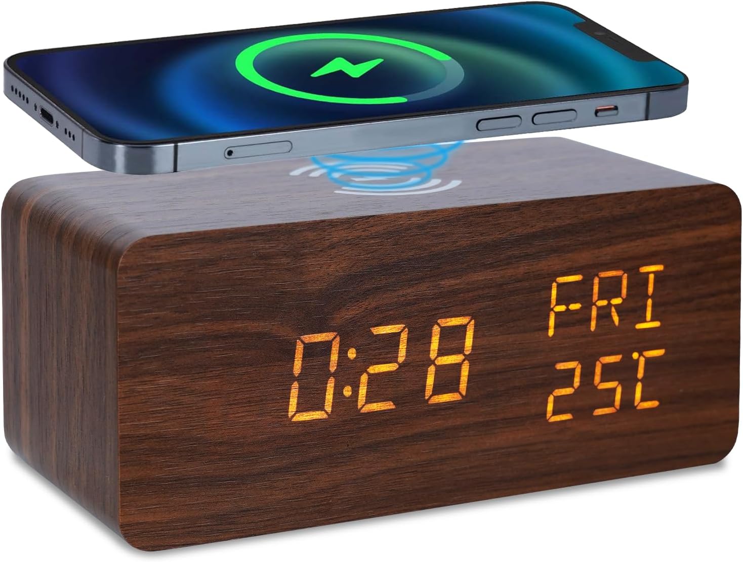 Digital Wooden Alarm Clock with 10W Wireless Charging and Three Levels Brightness