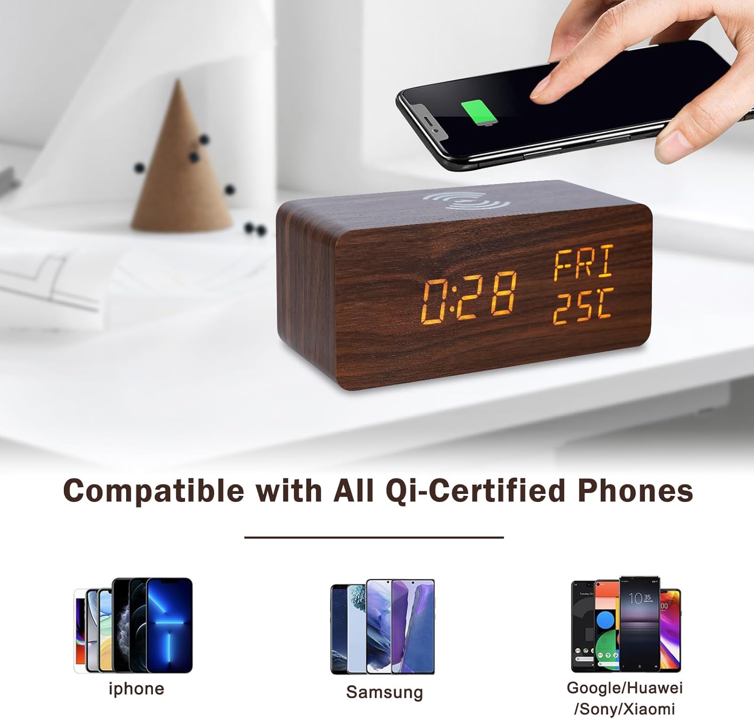 Digital Wooden Alarm Clock with 10W Wireless Charging and Three Levels Brightness