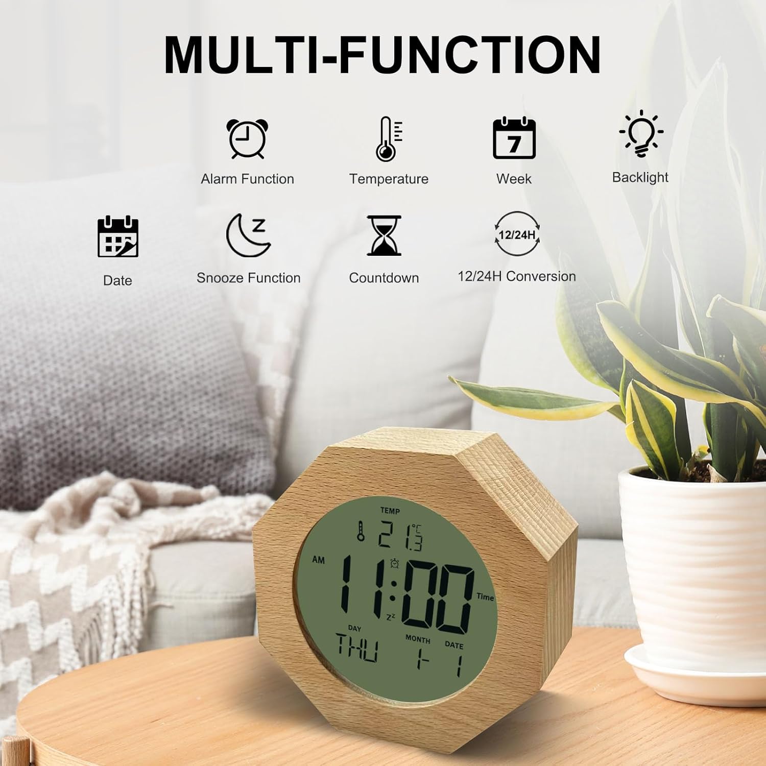 JoFomp 4 Inch Wooden Digital Alarm Clock with Nightlight