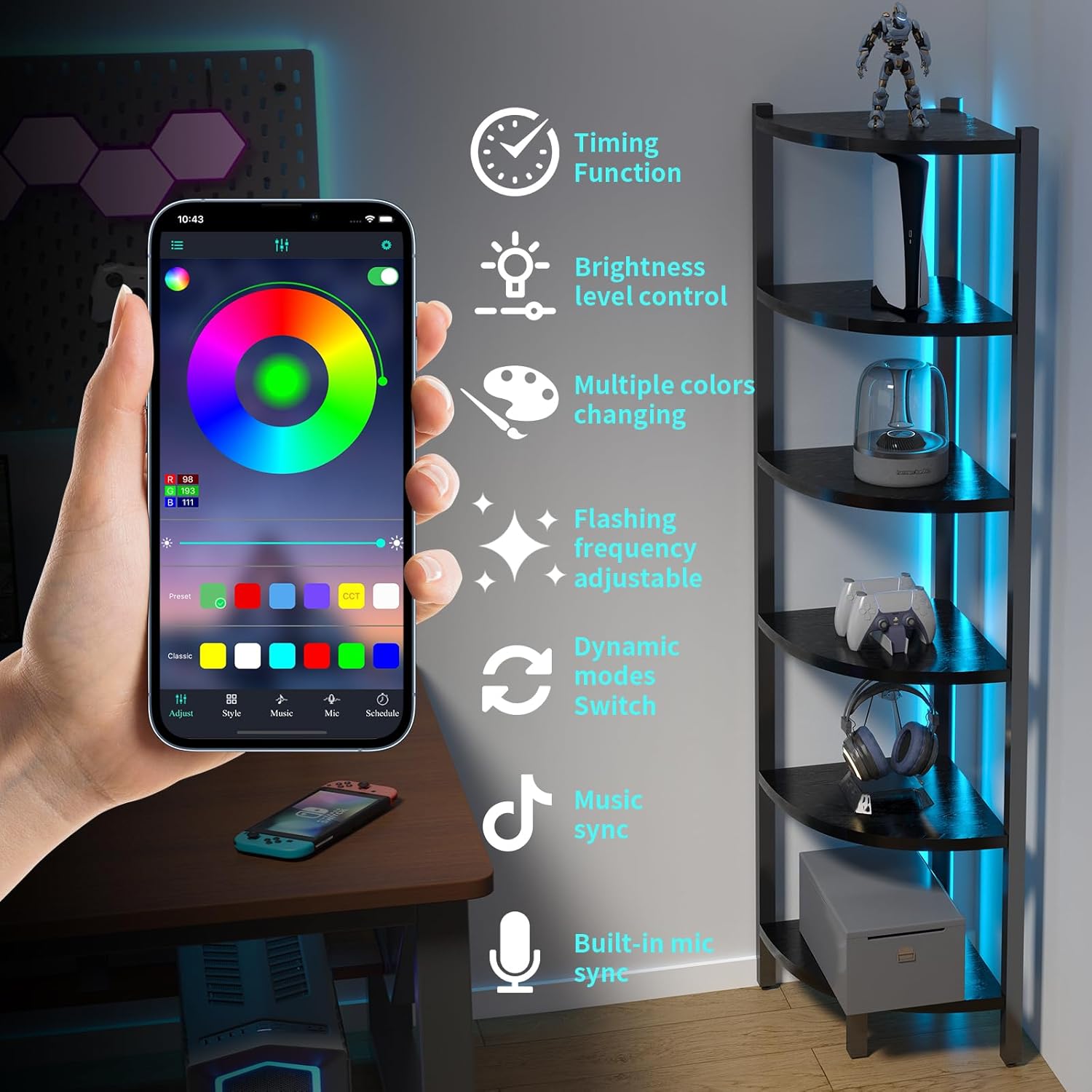 Corner Shelf with LED Lights 6-Tier Bookshelf Black