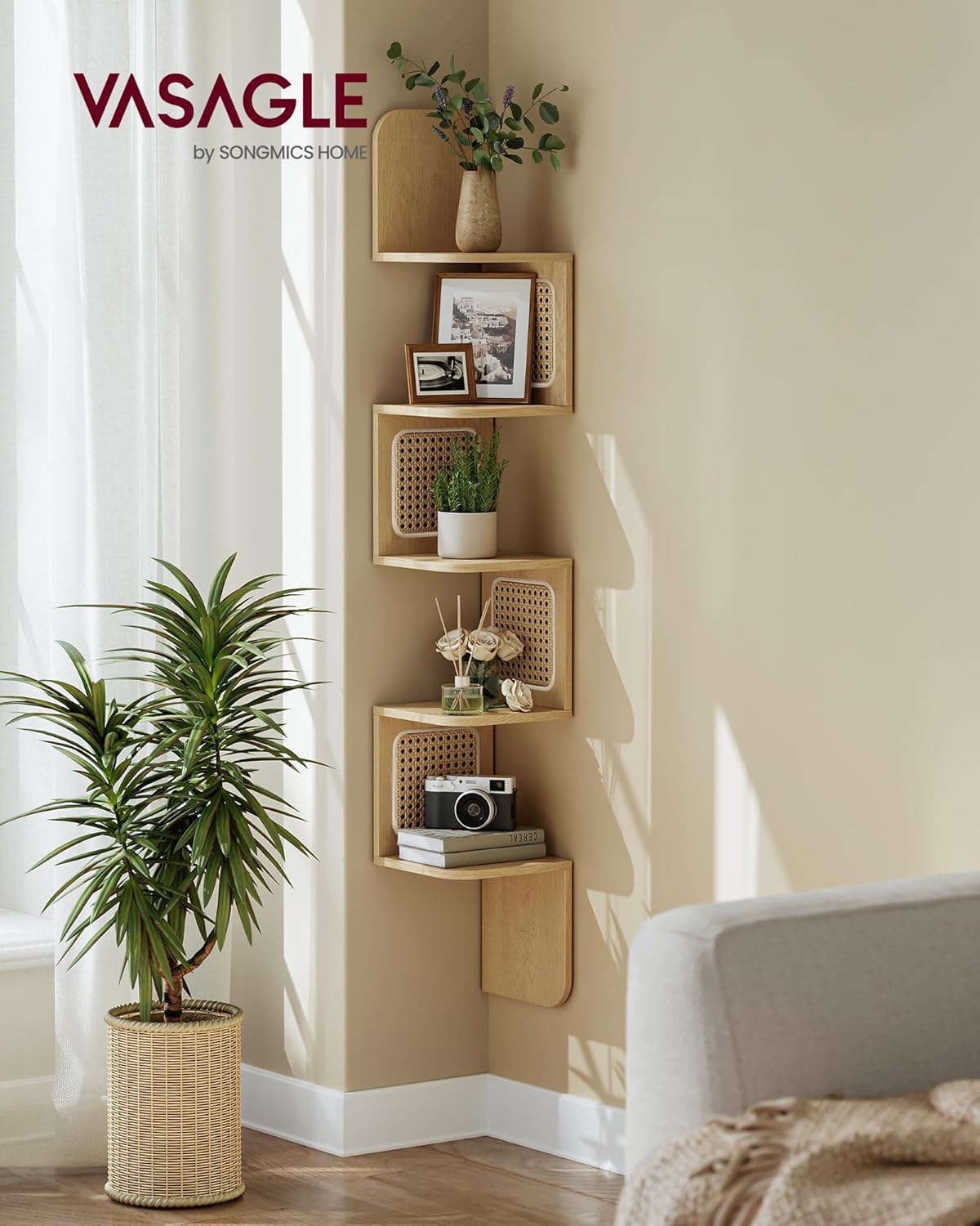 VASAGLE 5-Tier Corner Shelf Boho Style Wall Mounted