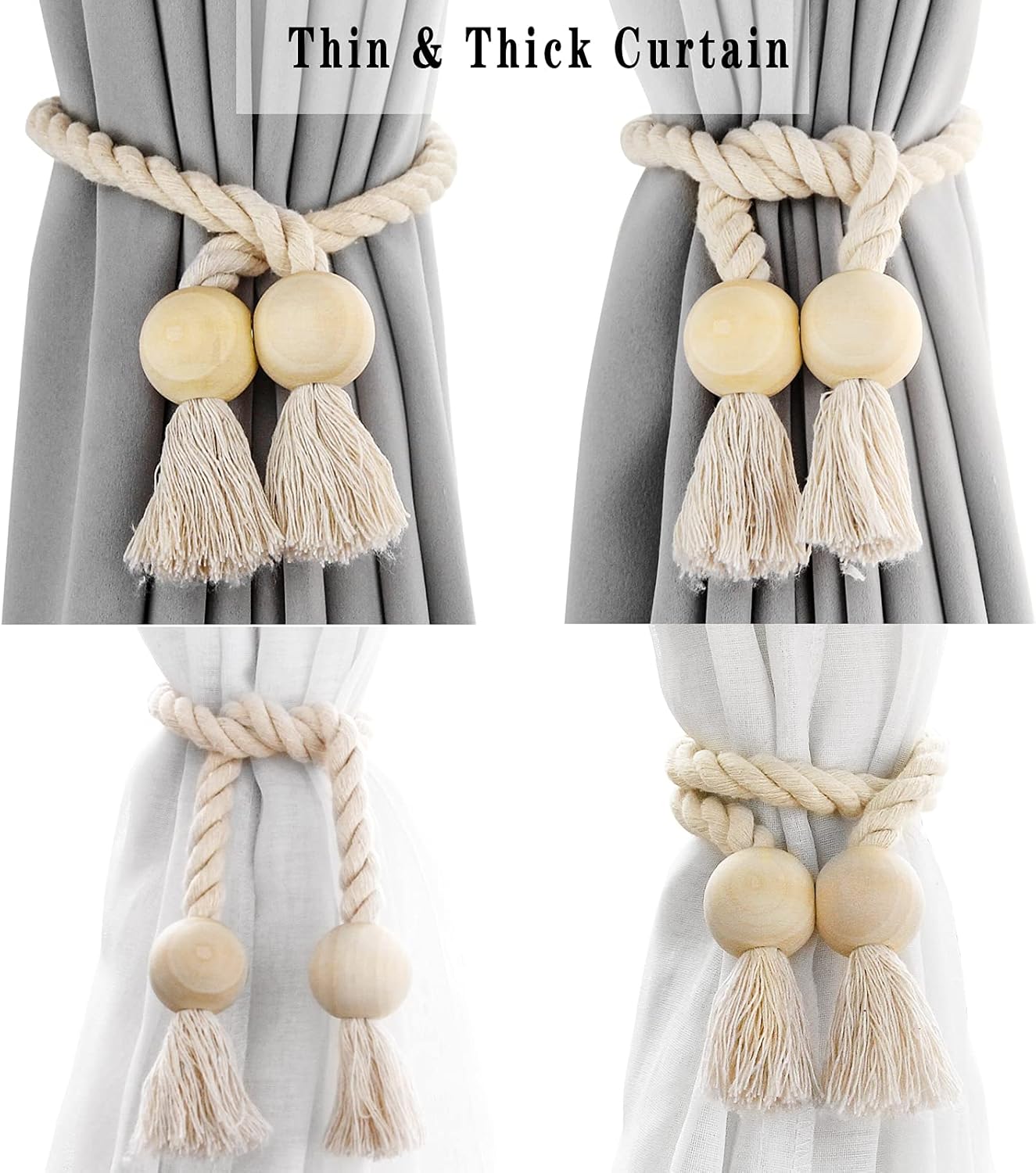 6 Pack Beige Magnetic Curtain Tiebacks with Wooden Buckle