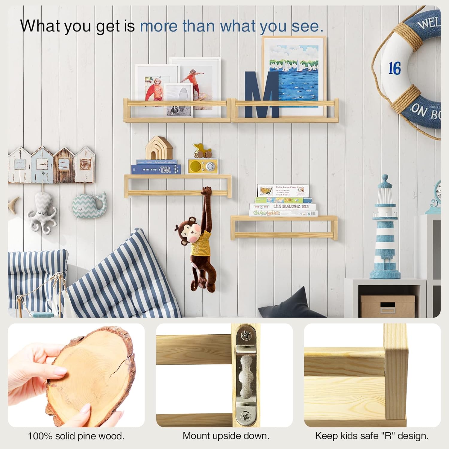 Forbena Natural Wood Floating Bookshelf 4 Pack