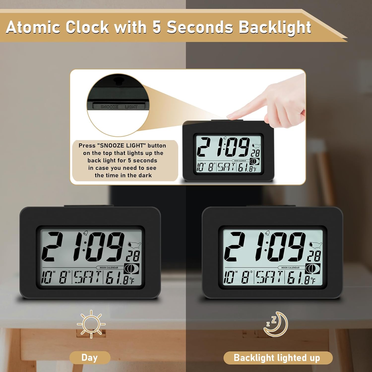 Qinyune Atomic Alarm Clock with 5s Touch Backlight