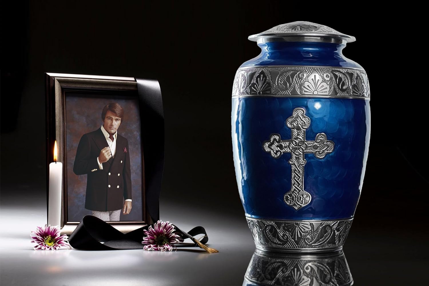 Handcrafted Cross Cremation Urn for Adult Ashes Navy Blue Large