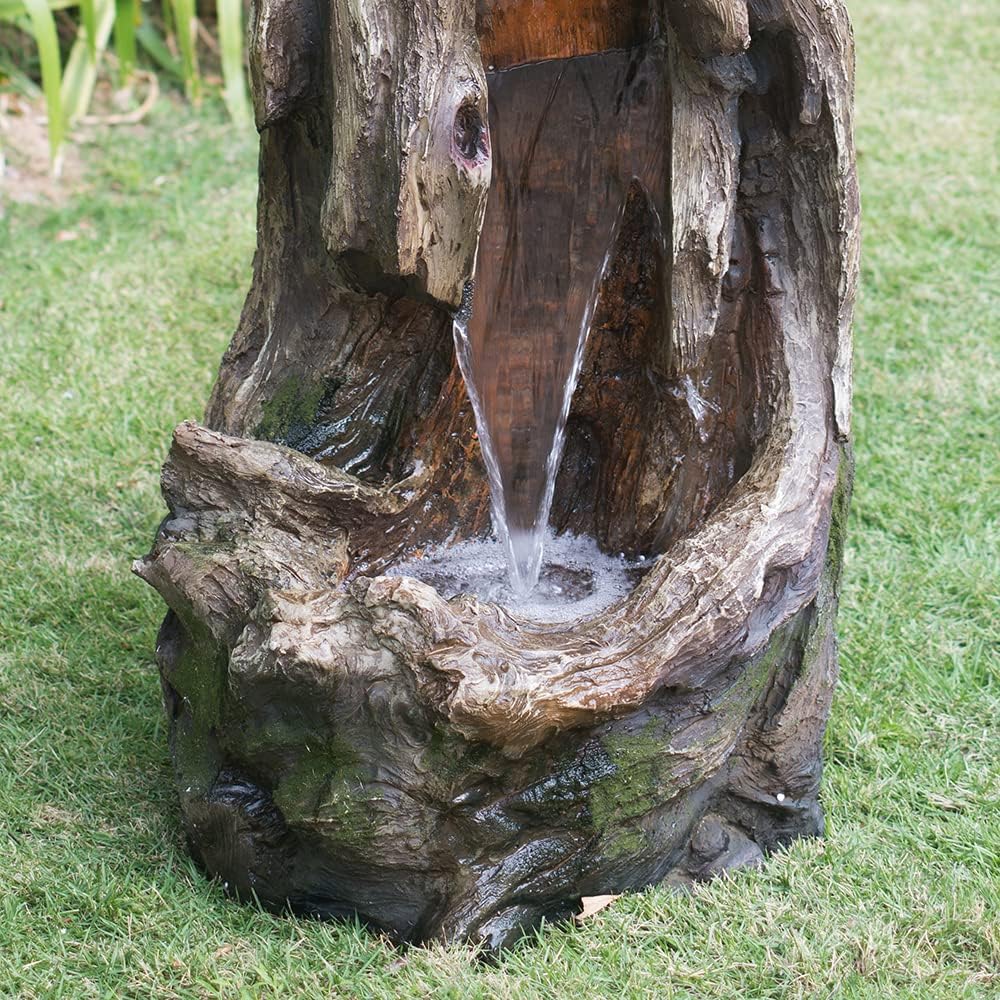 Rustic Tree Trunk Fountain with Light Grey