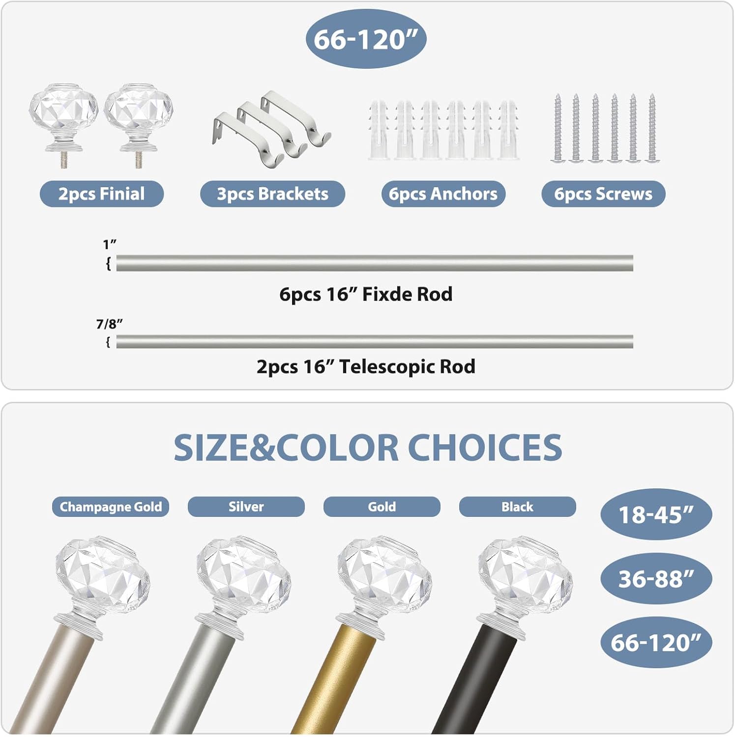 TVWOO Silver Crystal Curtain Rods 66-120 Inch Adjustable