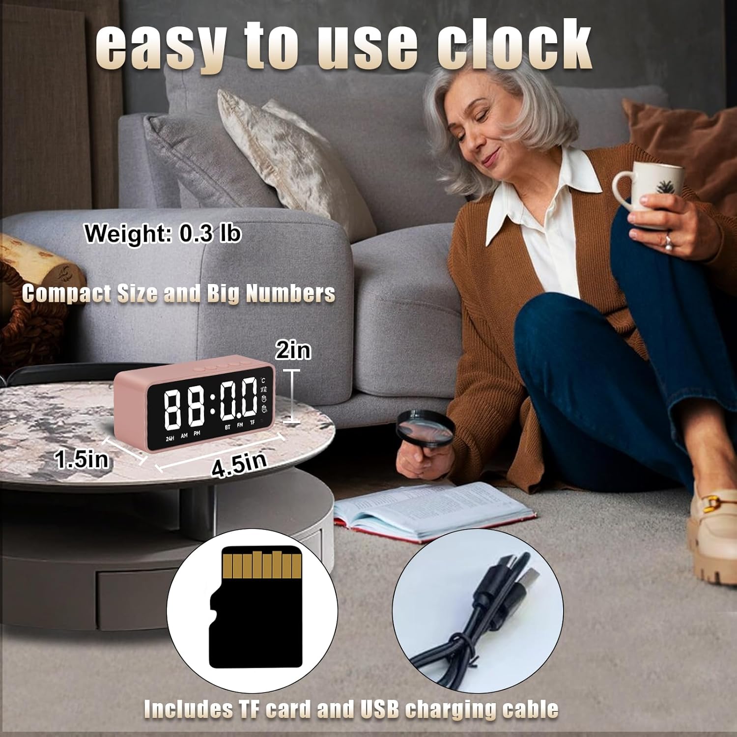 Pink Digital Alarm Clock with Music and Thermometer